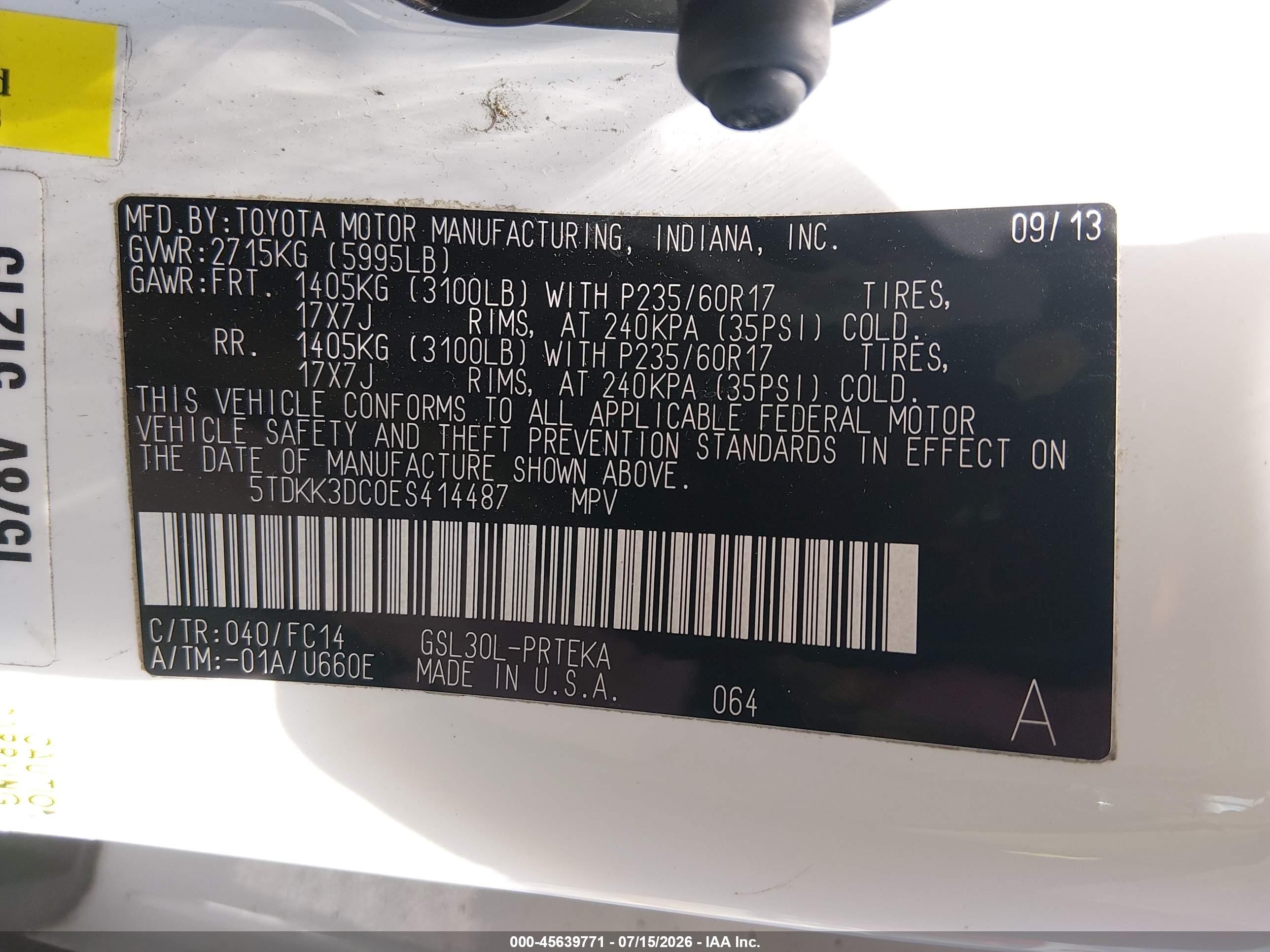 2014 Toyota Sienna Le V6 8 Passenger Белый vin: 5TDKK3DC0ES414487