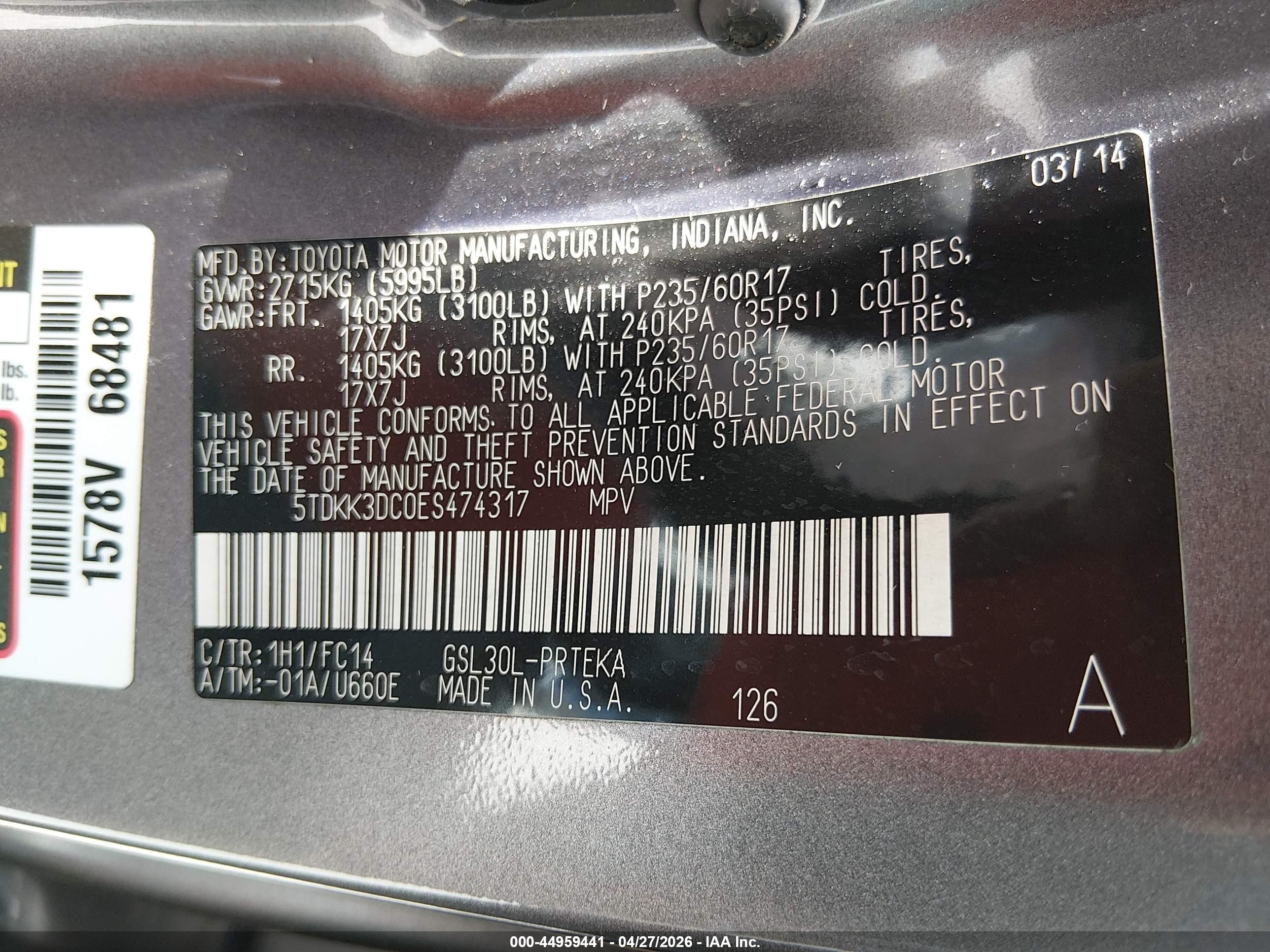 2014 Toyota Sienna Le V6 8 Passenger Gray vin: 5TDKK3DC0ES474317