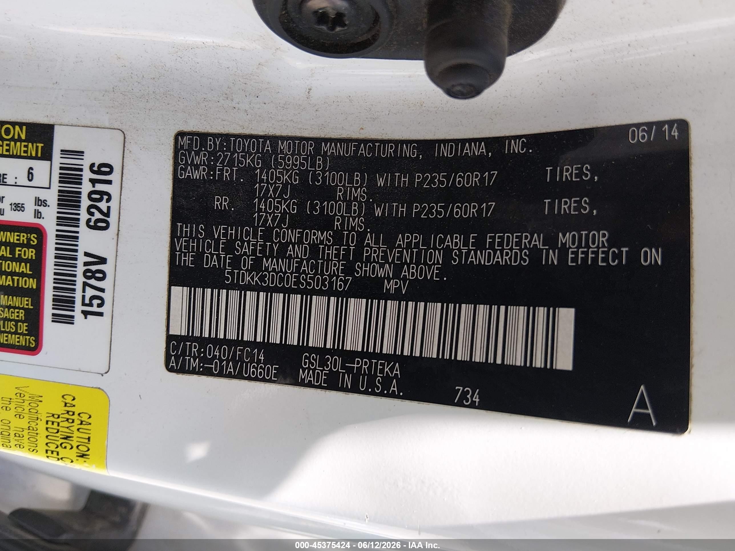 2014 Toyota Sienna Le V6 8 Passenger White vin: 5TDKK3DC0ES503167