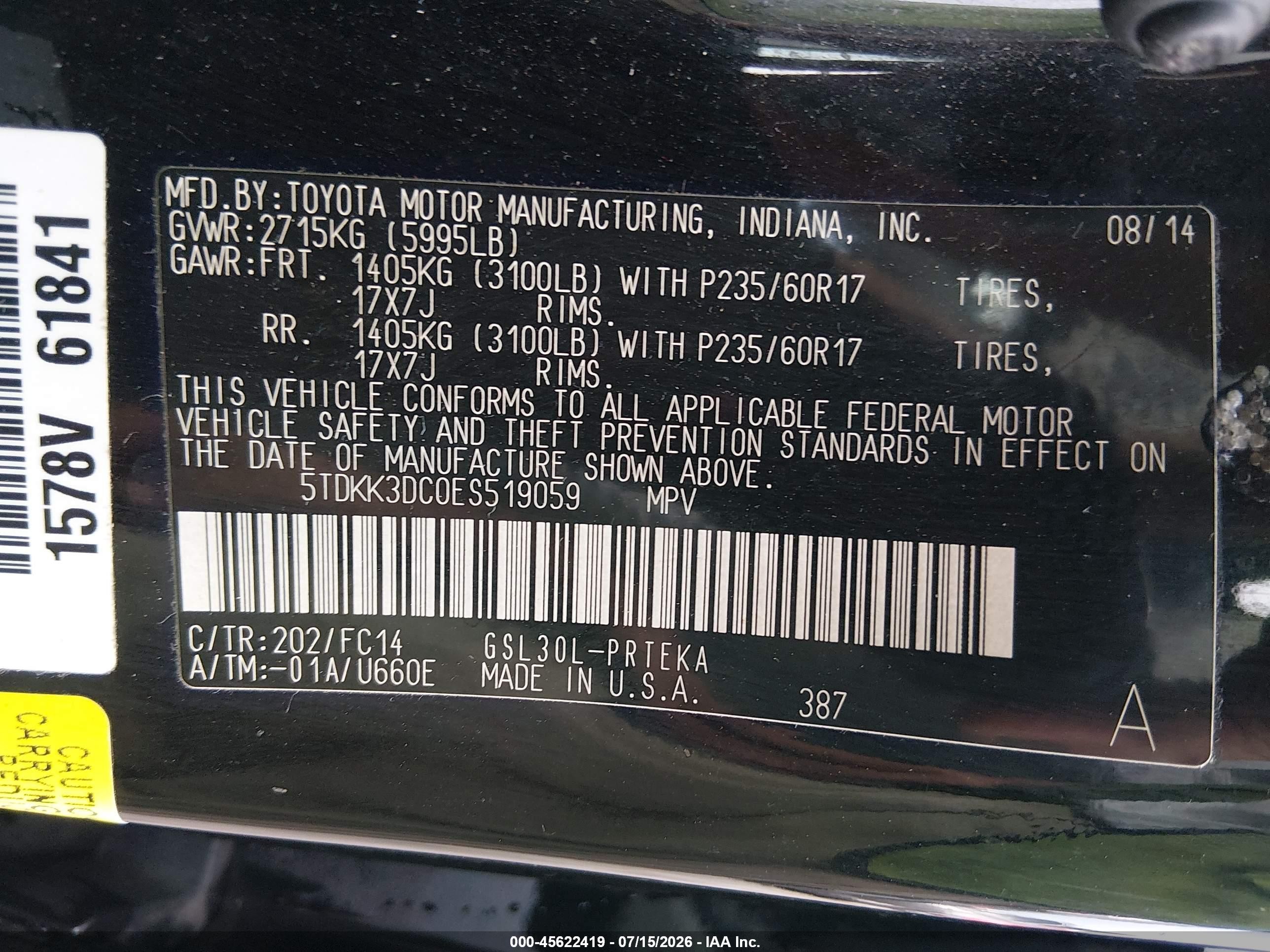 2014 Toyota Sienna Le V6 8 Passenger Black vin: 5TDKK3DC0ES519059