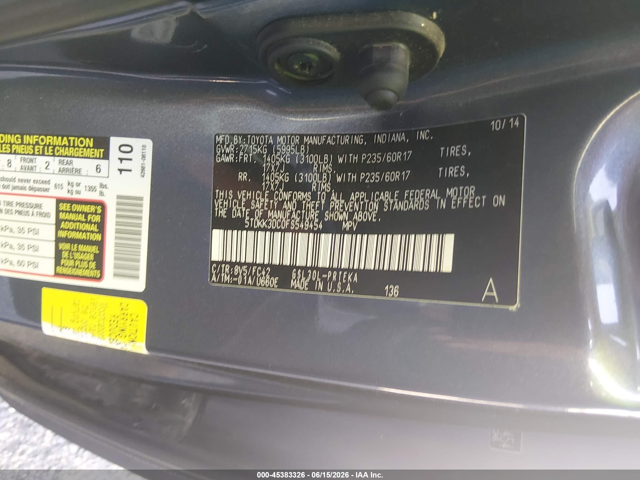 2015 Toyota Sienna Le 8 Passenger Blue vin: 5TDKK3DC0FS549454