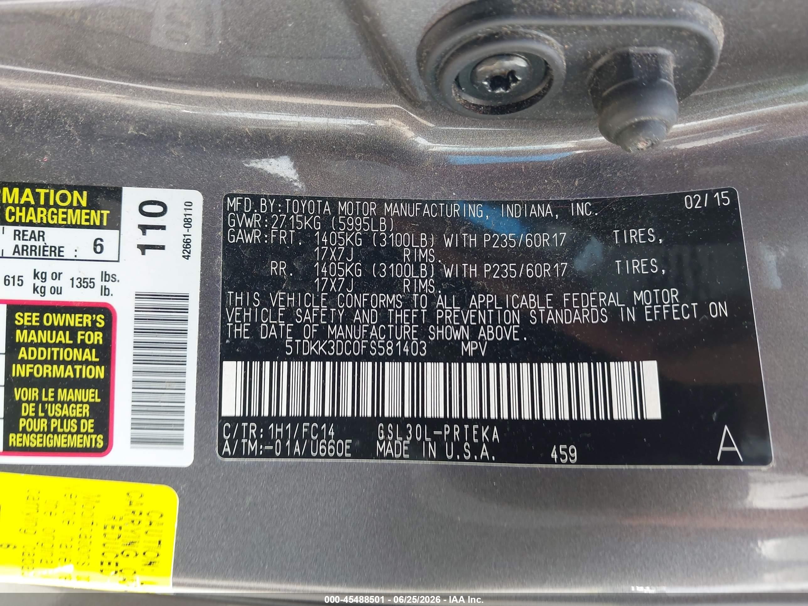 2015 Toyota Sienna Le 8 Passenger Серый vin: 5TDKK3DC0FS581403
