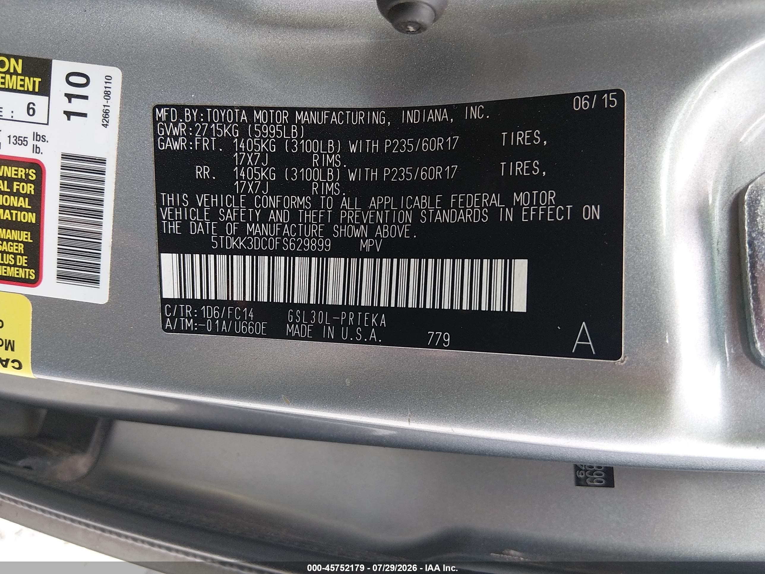 2015 Toyota Sienna Le 8 Passenger Серый vin: 5TDKK3DC0FS629899