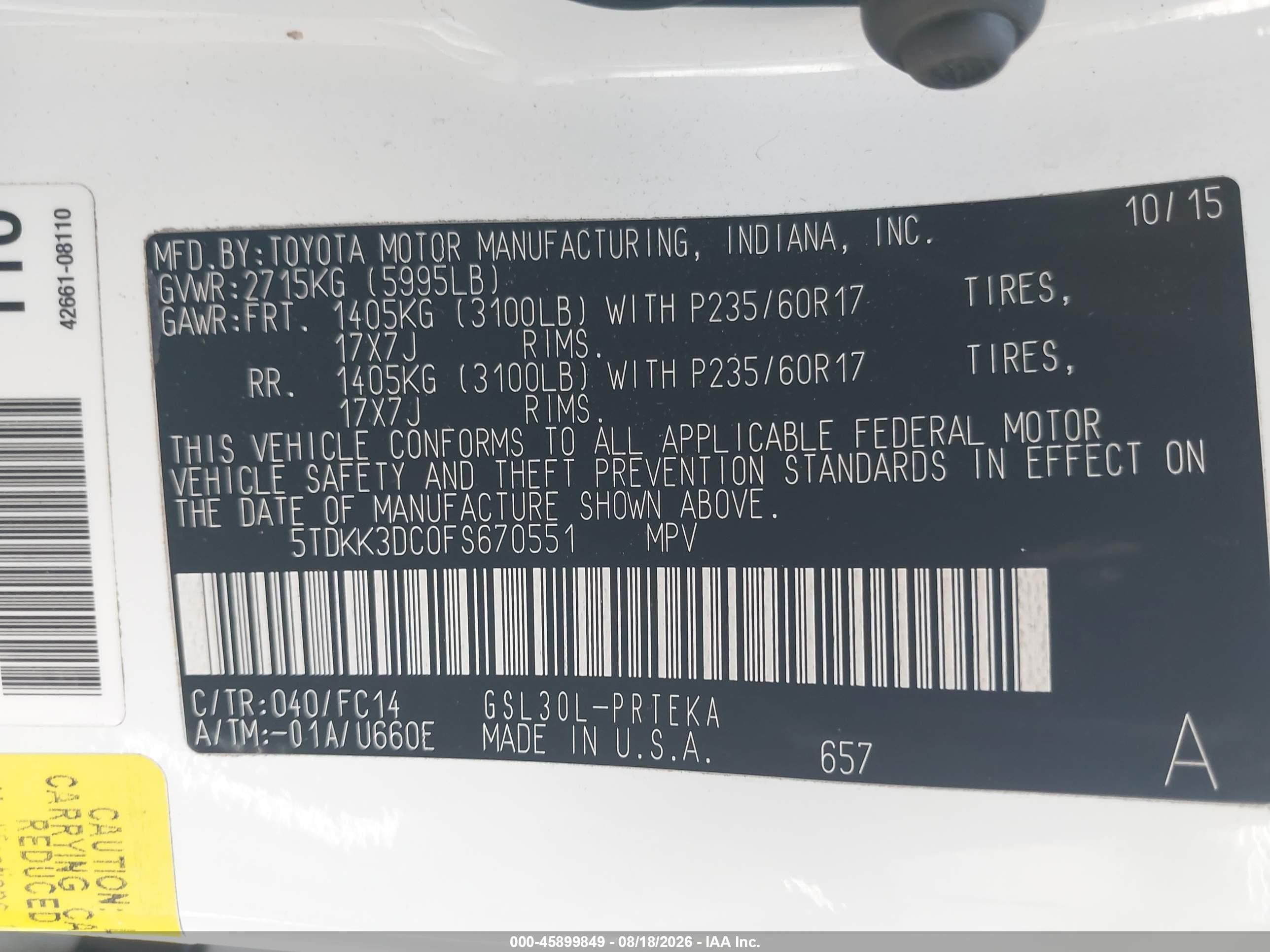 2015 Toyota Sienna Le 8 Passenger White vin: 5TDKK3DC0FS670551