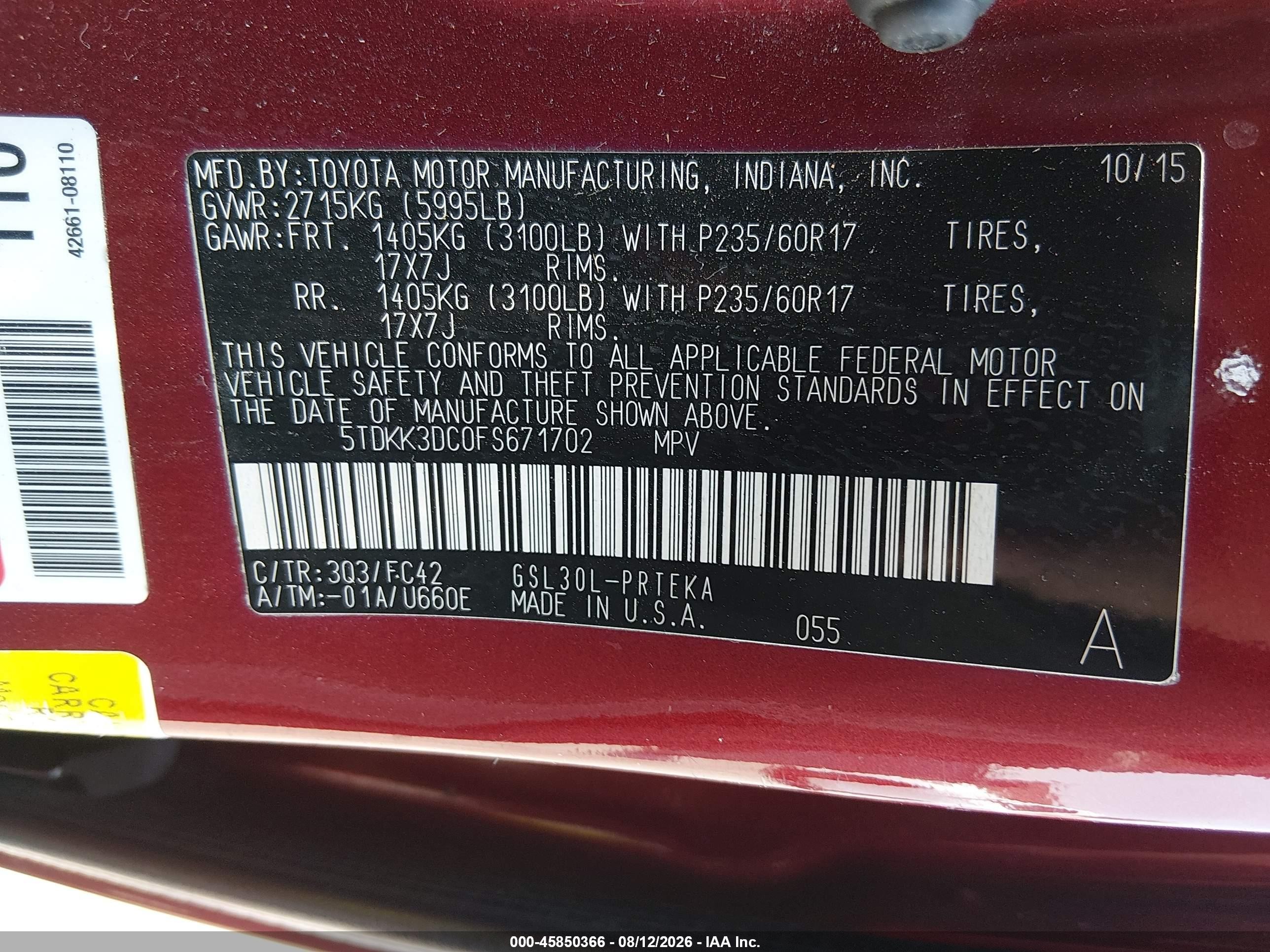 2015 Toyota Sienna Le 8 Passenger Red vin: 5TDKK3DC0FS671702