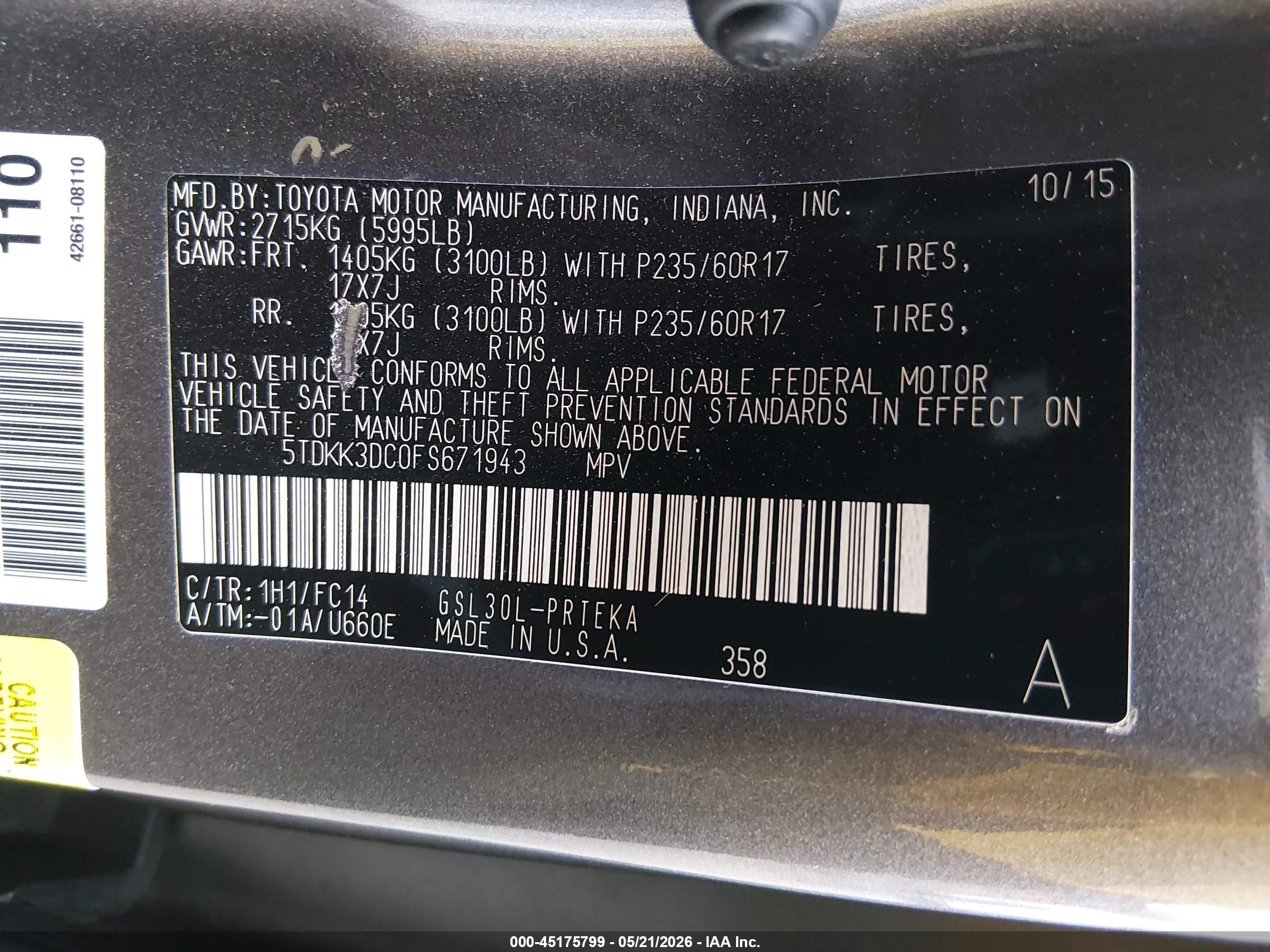 2015 Toyota Sienna Le 8 Passenger Gray vin: 5TDKK3DC0FS671943