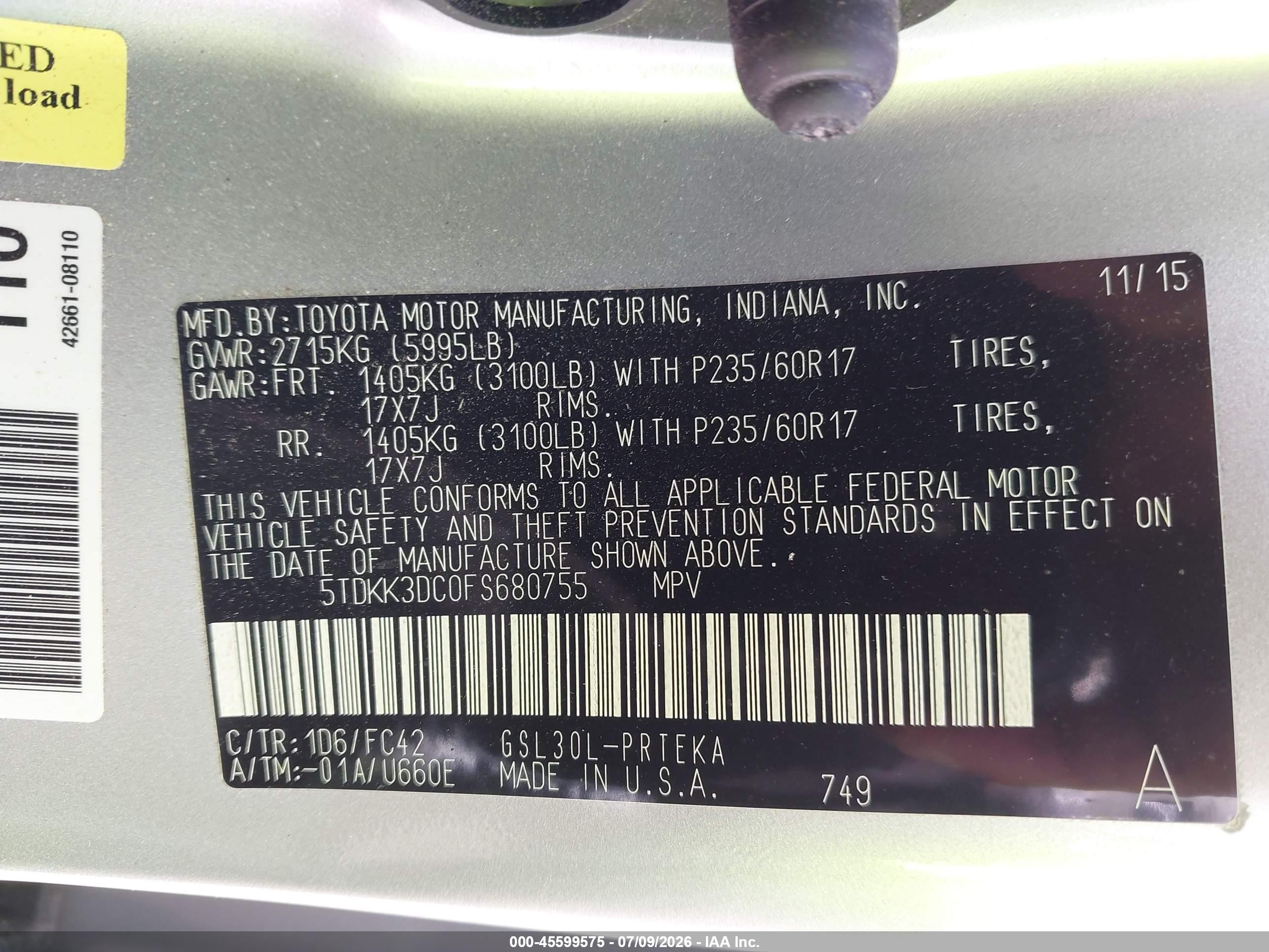 2015 Toyota Sienna Le 8 Passenger Silver vin: 5TDKK3DC0FS680755