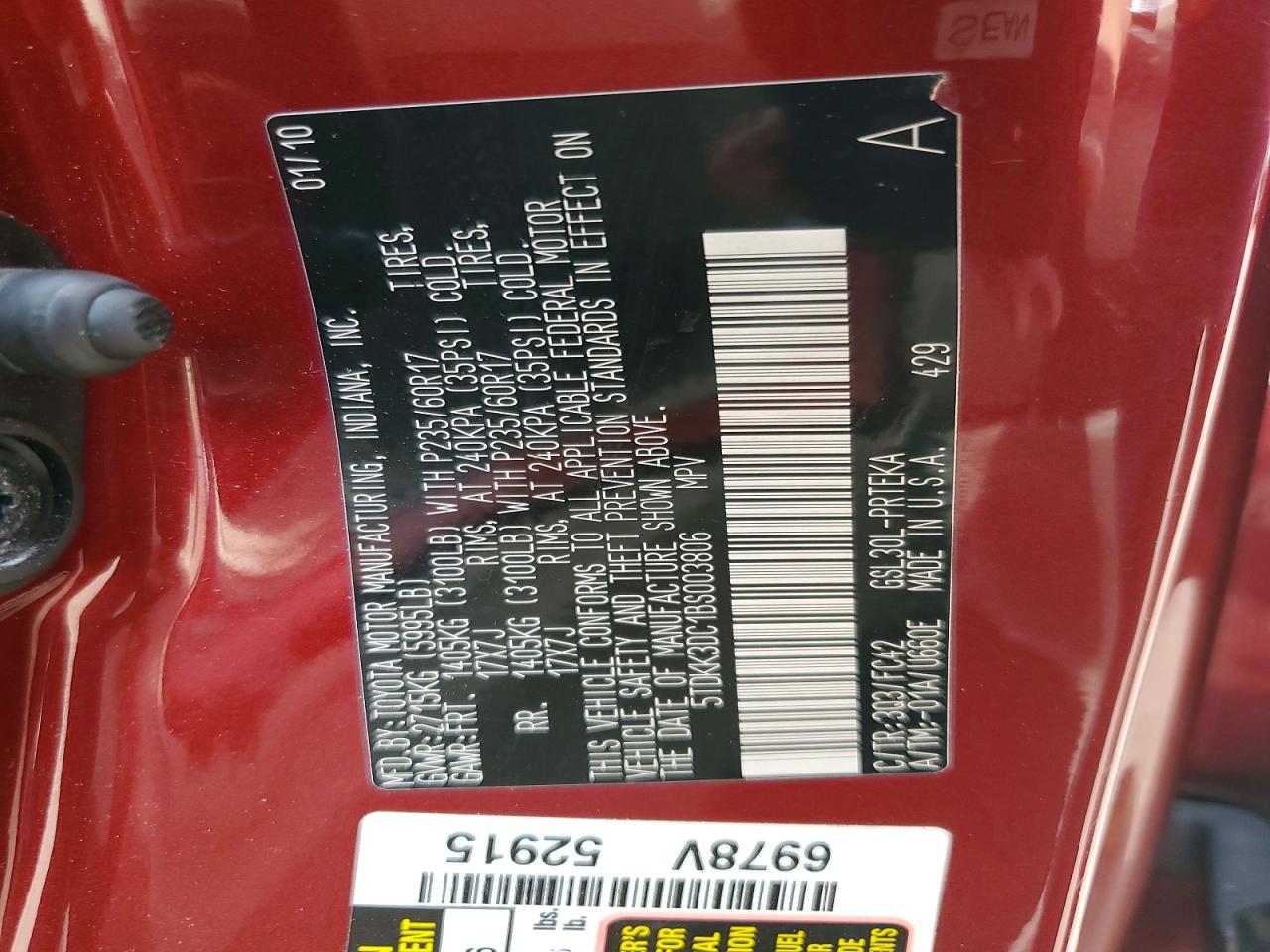 2011 Toyota Sienna Le Red vin: 5TDKK3DC1BS003806