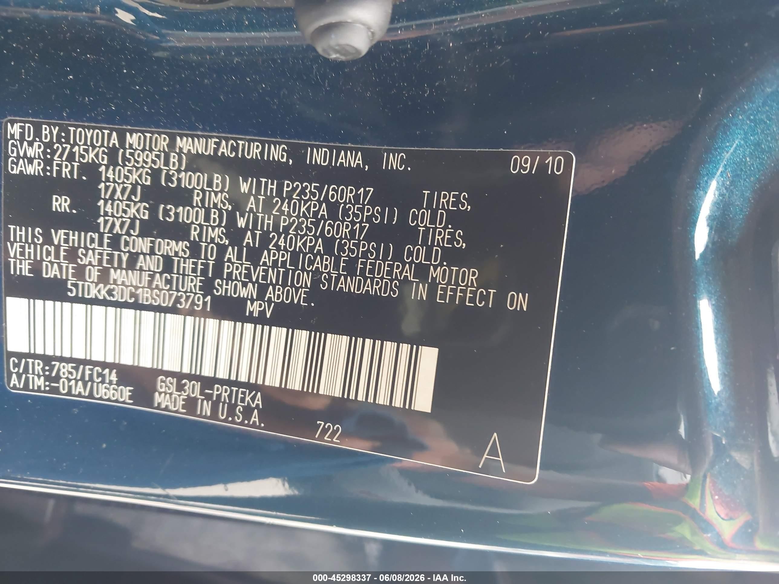 2011 Toyota Sienna Le V6 Blue vin: 5TDKK3DC1BS073791