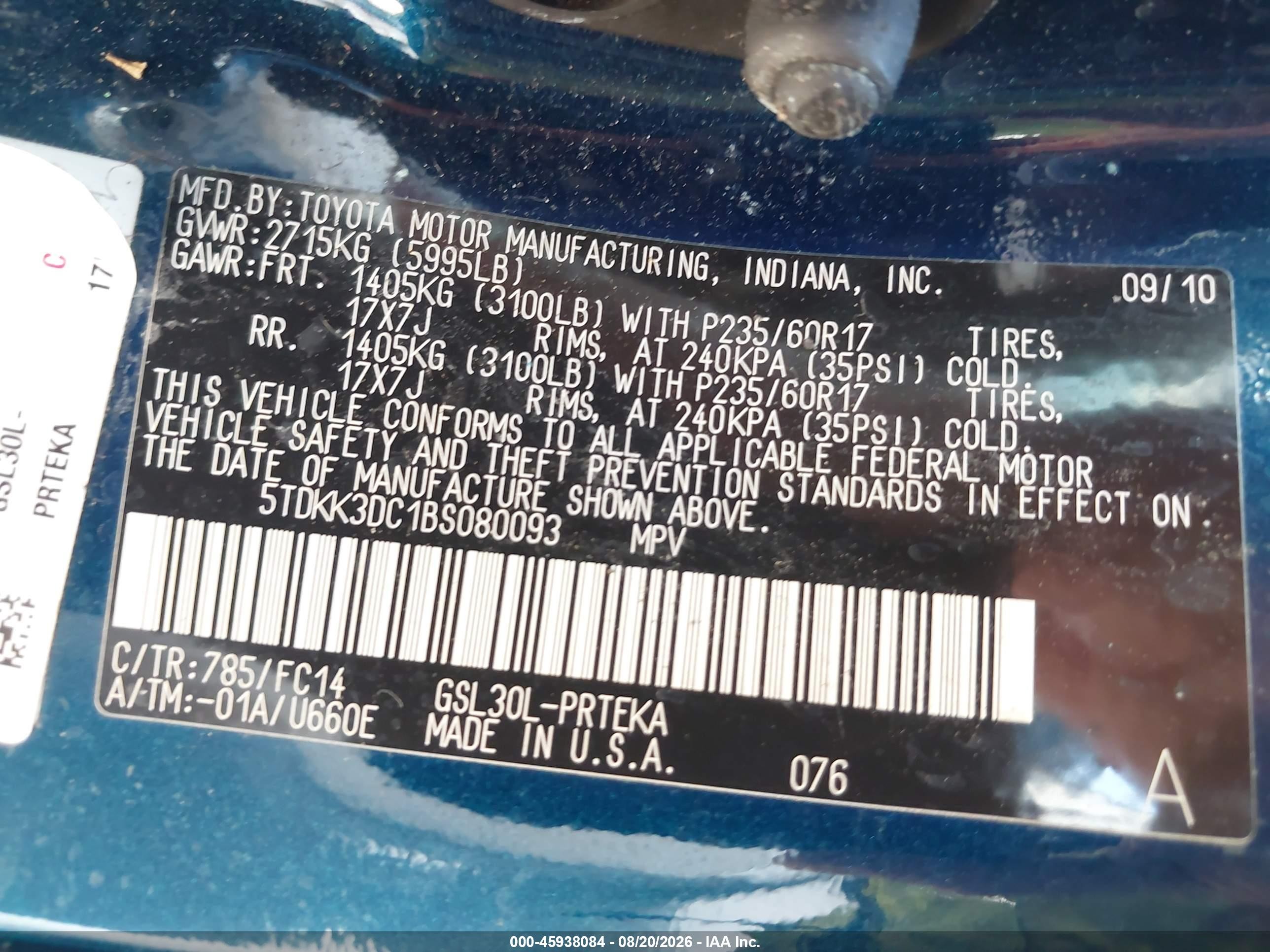 2011 Toyota Sienna Le V6 Blue vin: 5TDKK3DC1BS080093