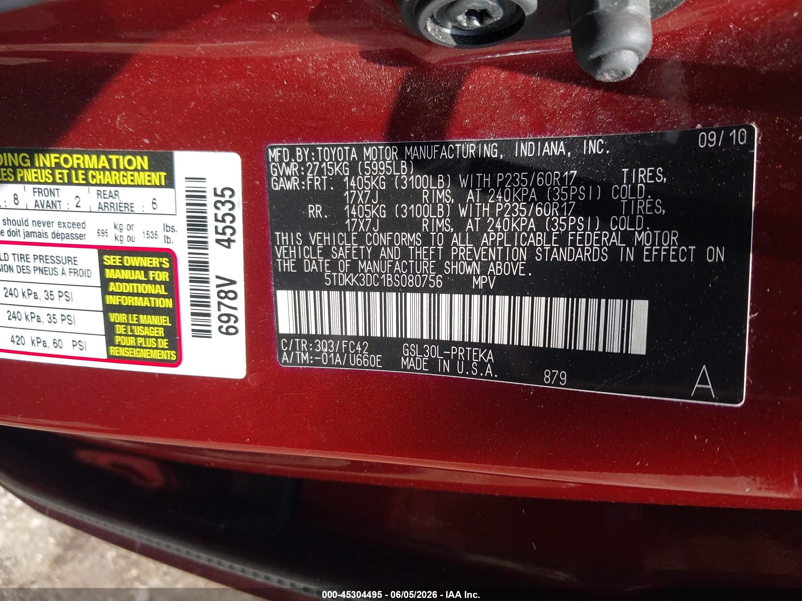 2011 Toyota Sienna Le V6 Maroon vin: 5TDKK3DC1BS080756