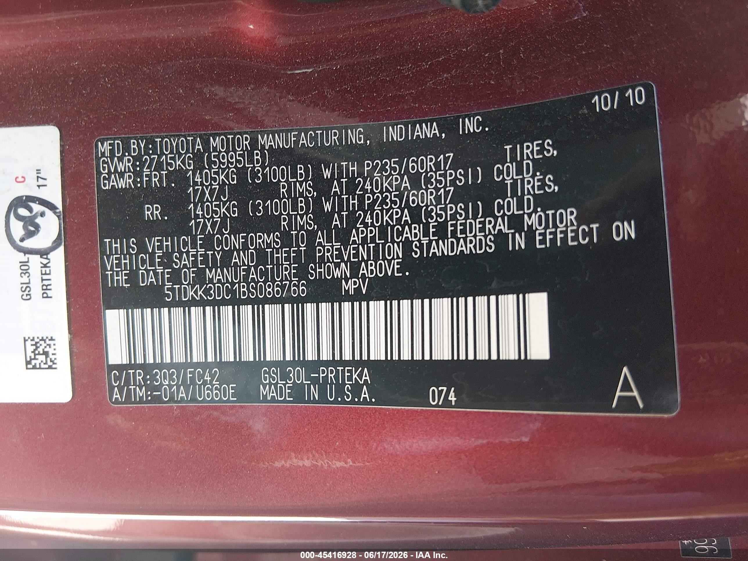 2011 Toyota Sienna Le V6 Red vin: 5TDKK3DC1BS086766