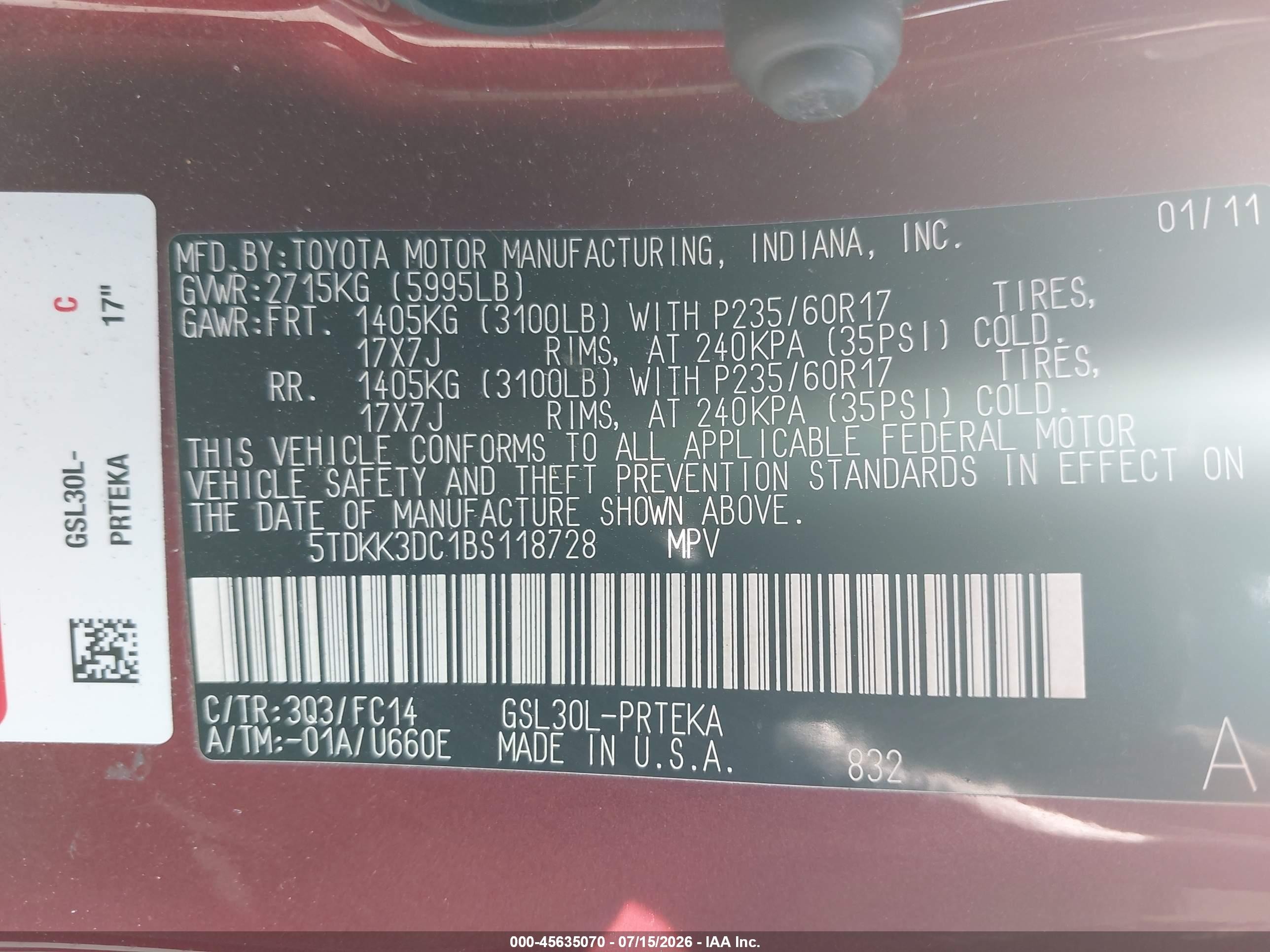 2011 Toyota Sienna Le V6 Red vin: 5TDKK3DC1BS118728