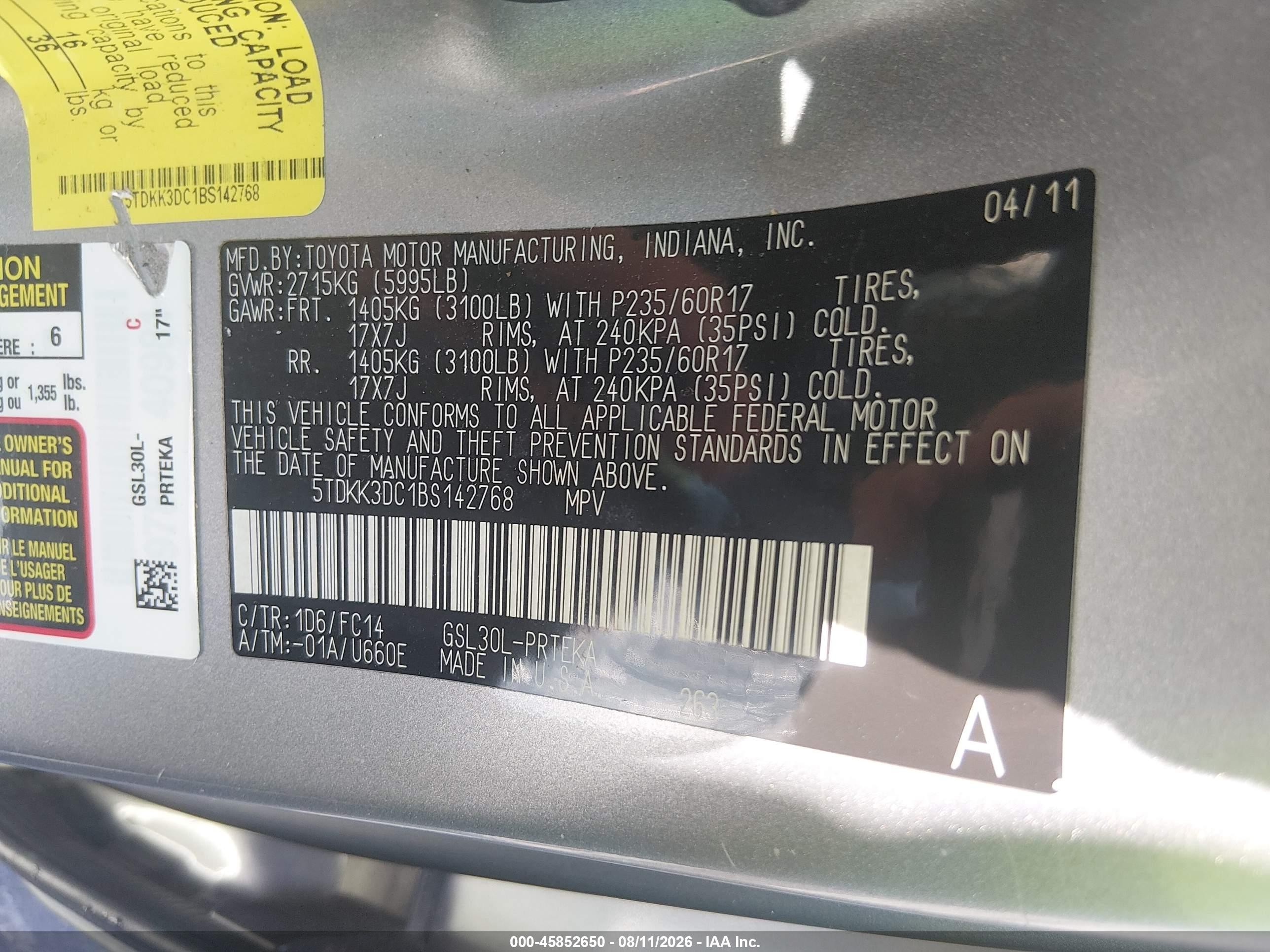 2011 Toyota Sienna Le V6 Серебряный vin: 5TDKK3DC1BS142768