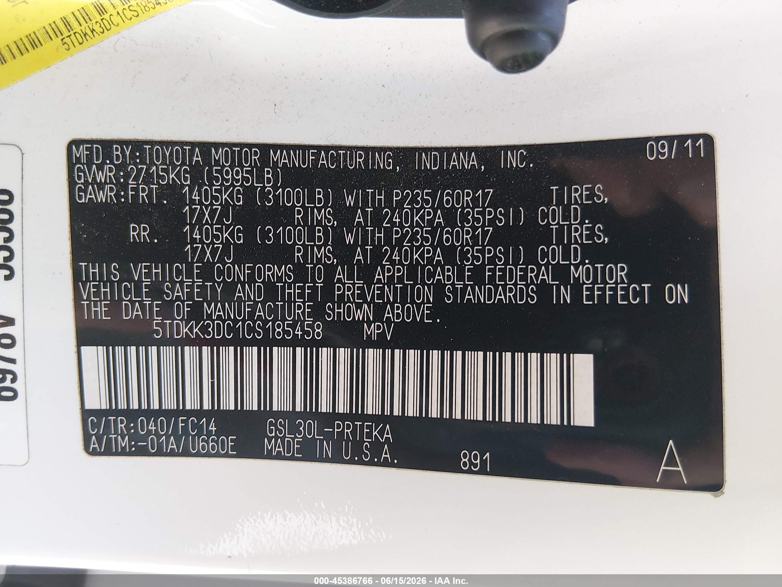 2012 Toyota Sienna Le V6 8 Passenger White vin: 5TDKK3DC1CS185458