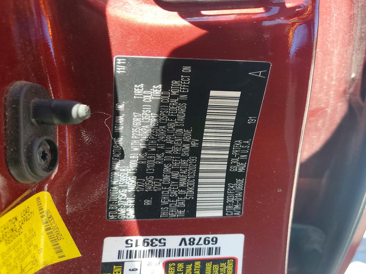 2012 Toyota Sienna Le Red vin: 5TDKK3DC1CS202193