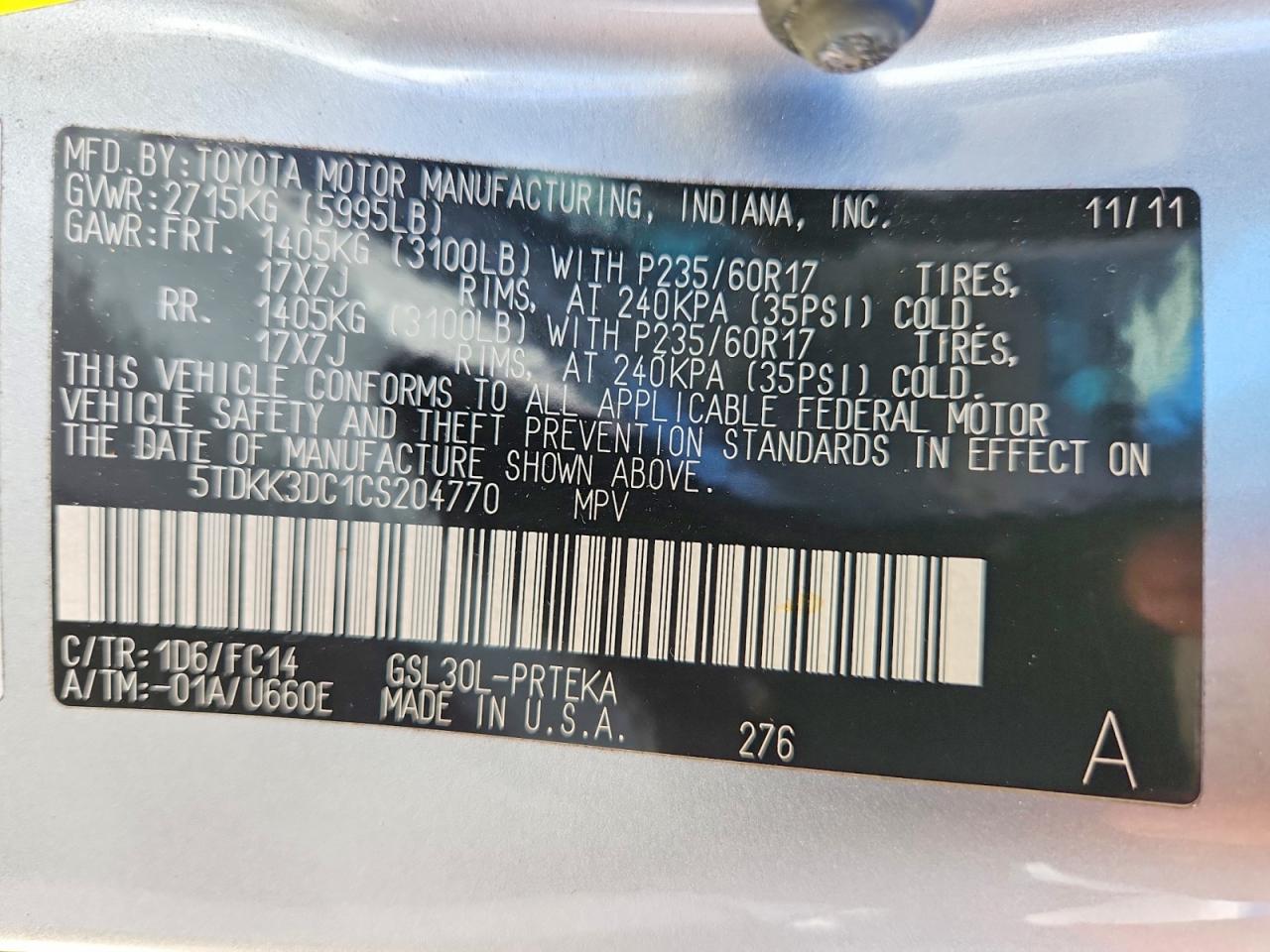 2012 Toyota Sienna Le Silver vin: 5TDKK3DC1CS204770