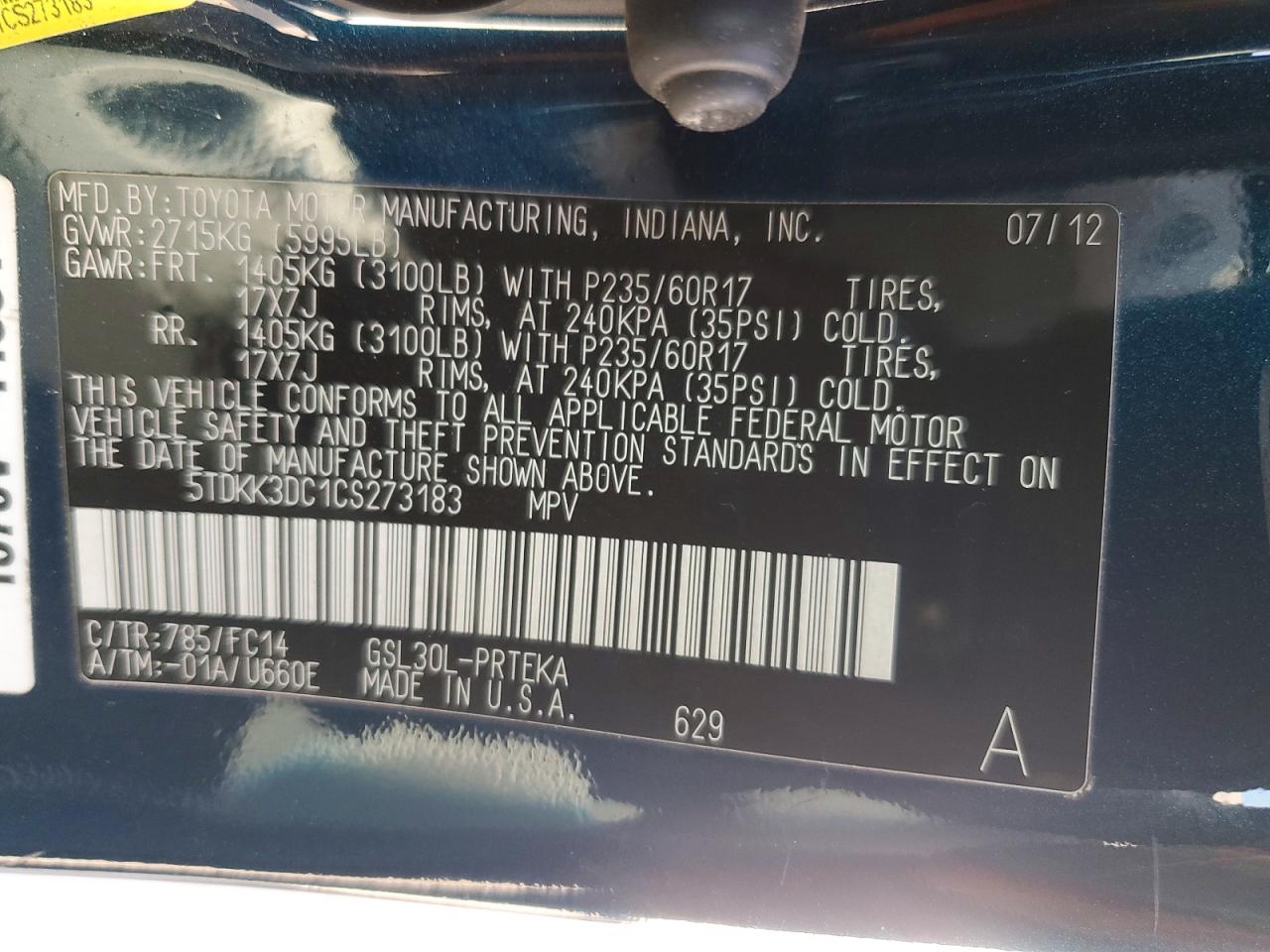 2012 Toyota Sienna Le Синий vin: 5TDKK3DC1CS273183