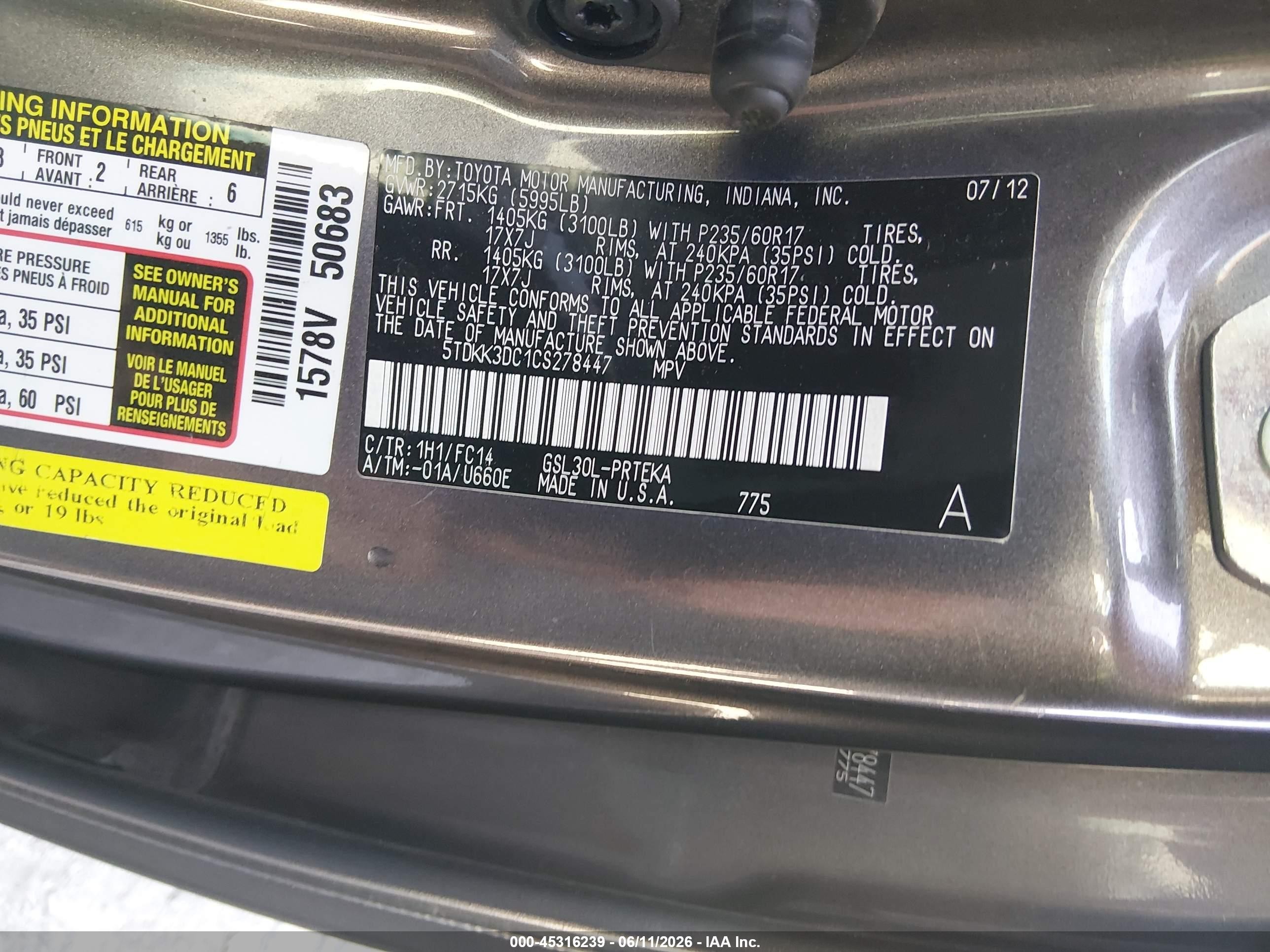 2012 Toyota Sienna Le V6 8 Passenger Gray vin: 5TDKK3DC1CS278447