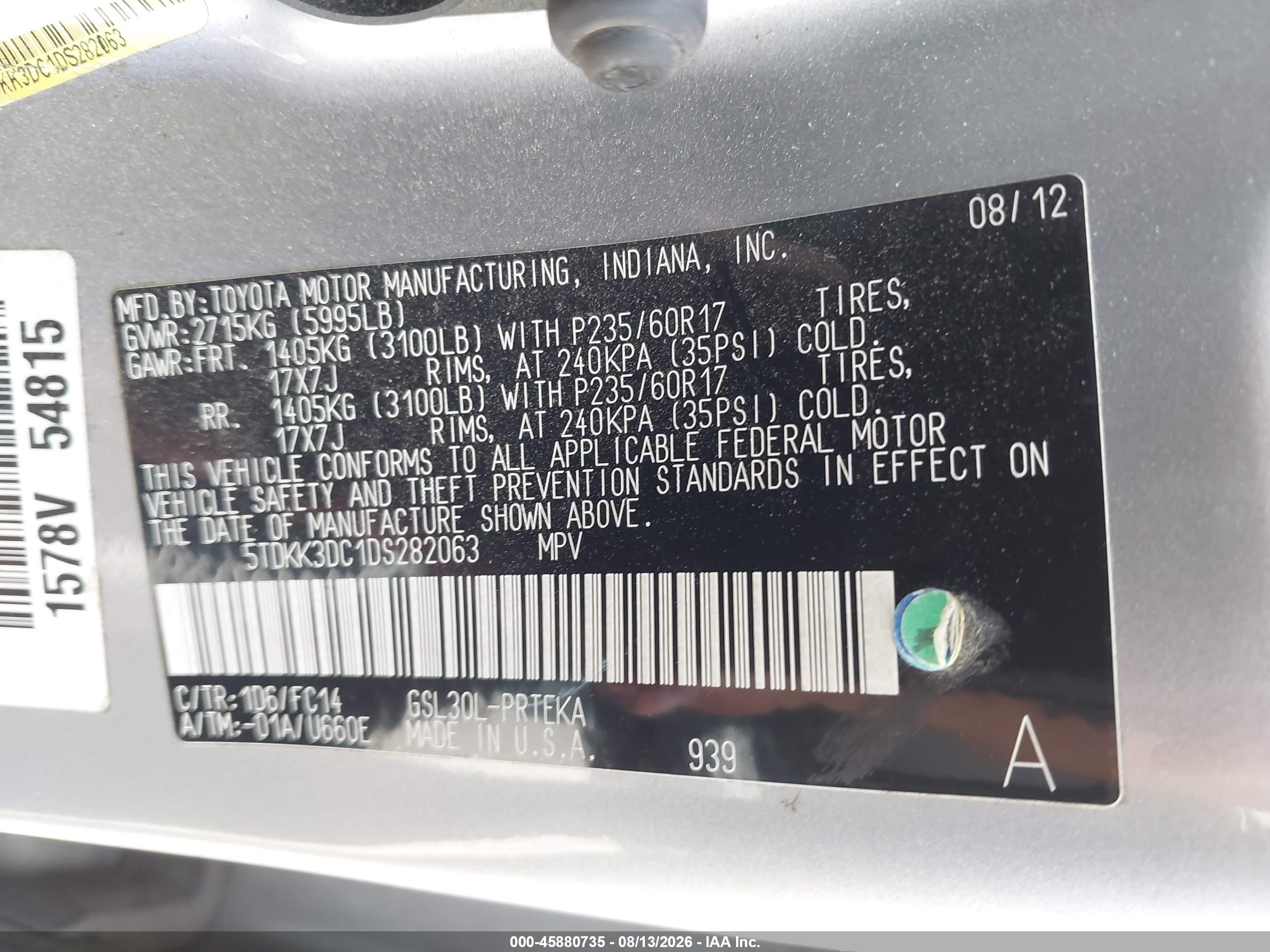 2013 Toyota Sienna Le V6 8 Passenger Silver vin: 5TDKK3DC1DS282063