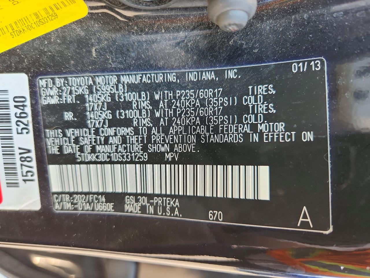 2013 Toyota Sienna Le Black vin: 5TDKK3DC1DS331259