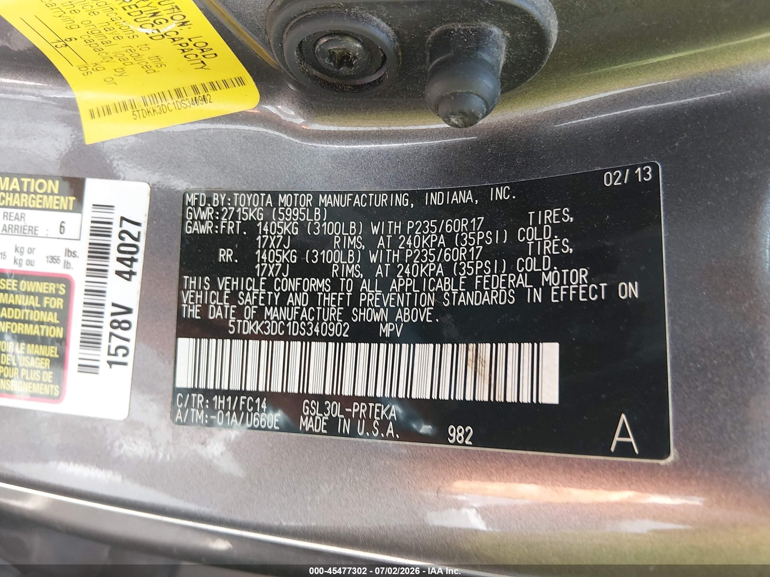 2013 Toyota Sienna Le V6 8 Passenger Gray vin: 5TDKK3DC1DS340902