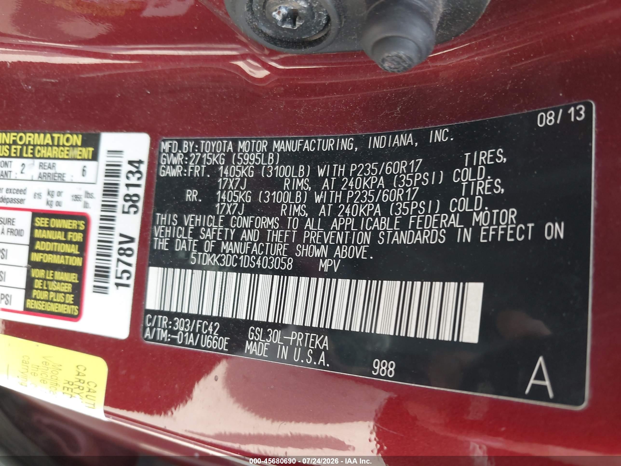 2013 Toyota Sienna Le V6 8 Passenger Красный vin: 5TDKK3DC1DS403058