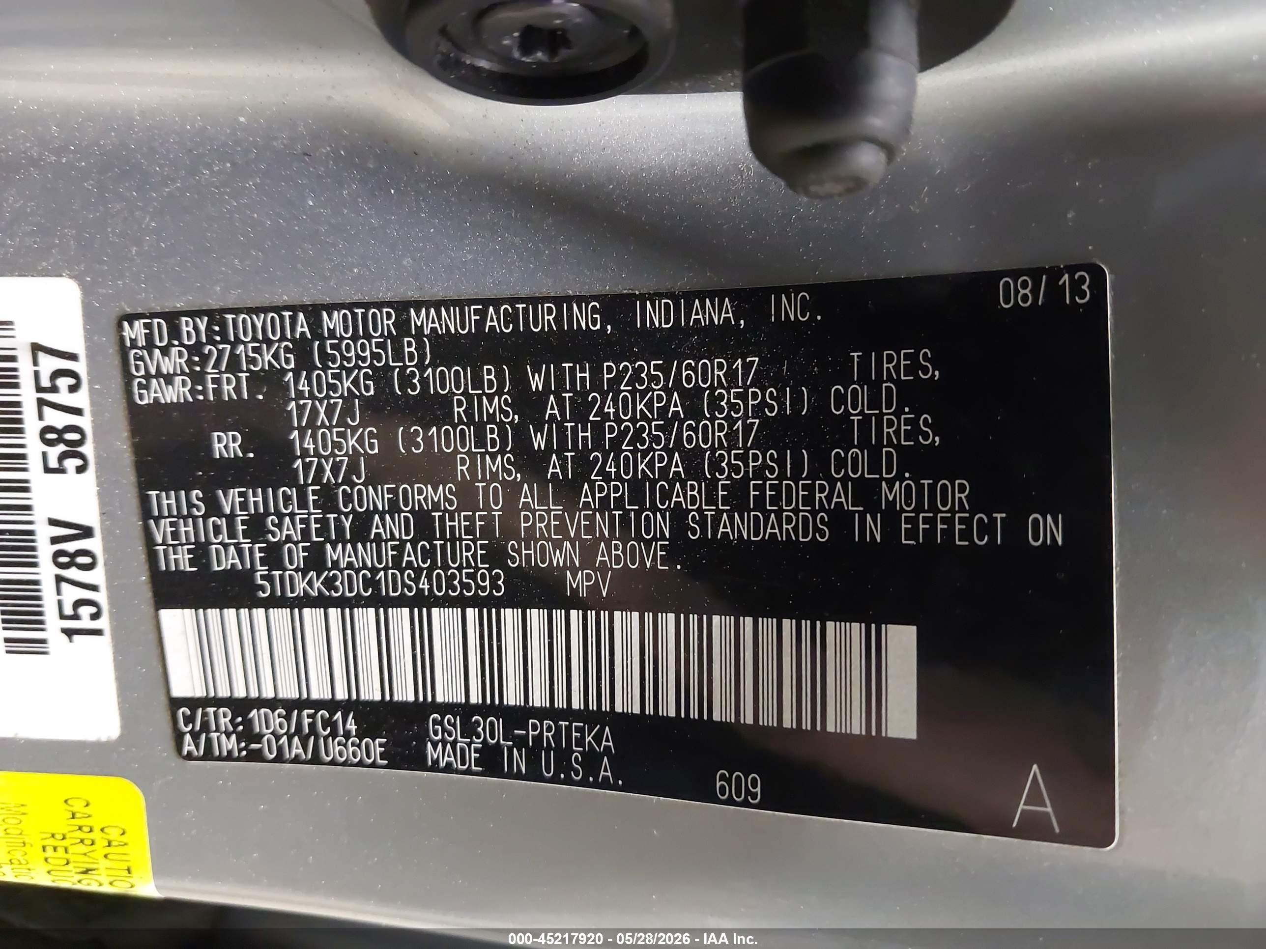 2013 Toyota Sienna Le V6 8 Passenger Silver vin: 5TDKK3DC1DS403593