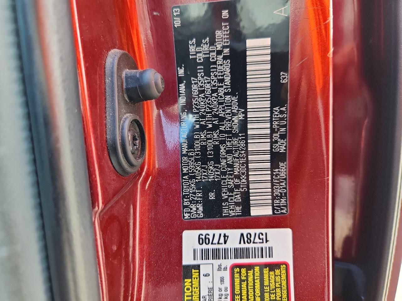 2014 Toyota Sienna Le Red vin: 5TDKK3DC1ES428611