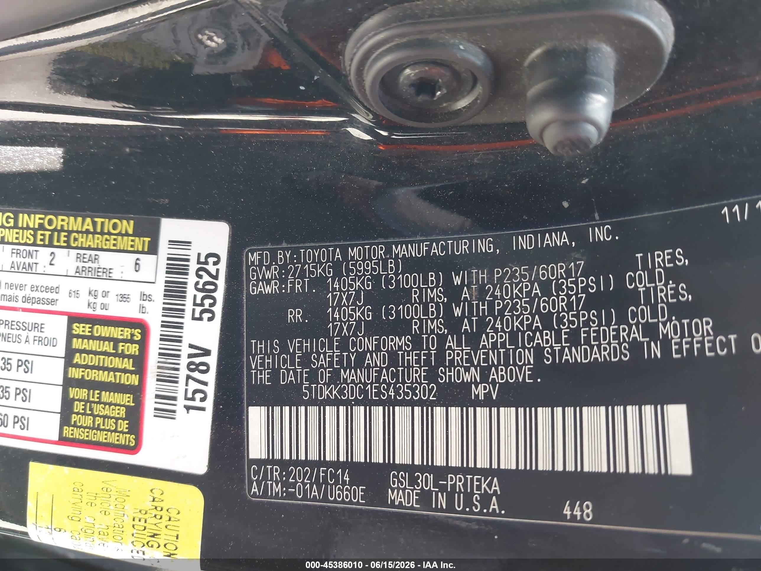 2014 Toyota Sienna Le V6 8 Passenger Black vin: 5TDKK3DC1ES435302
