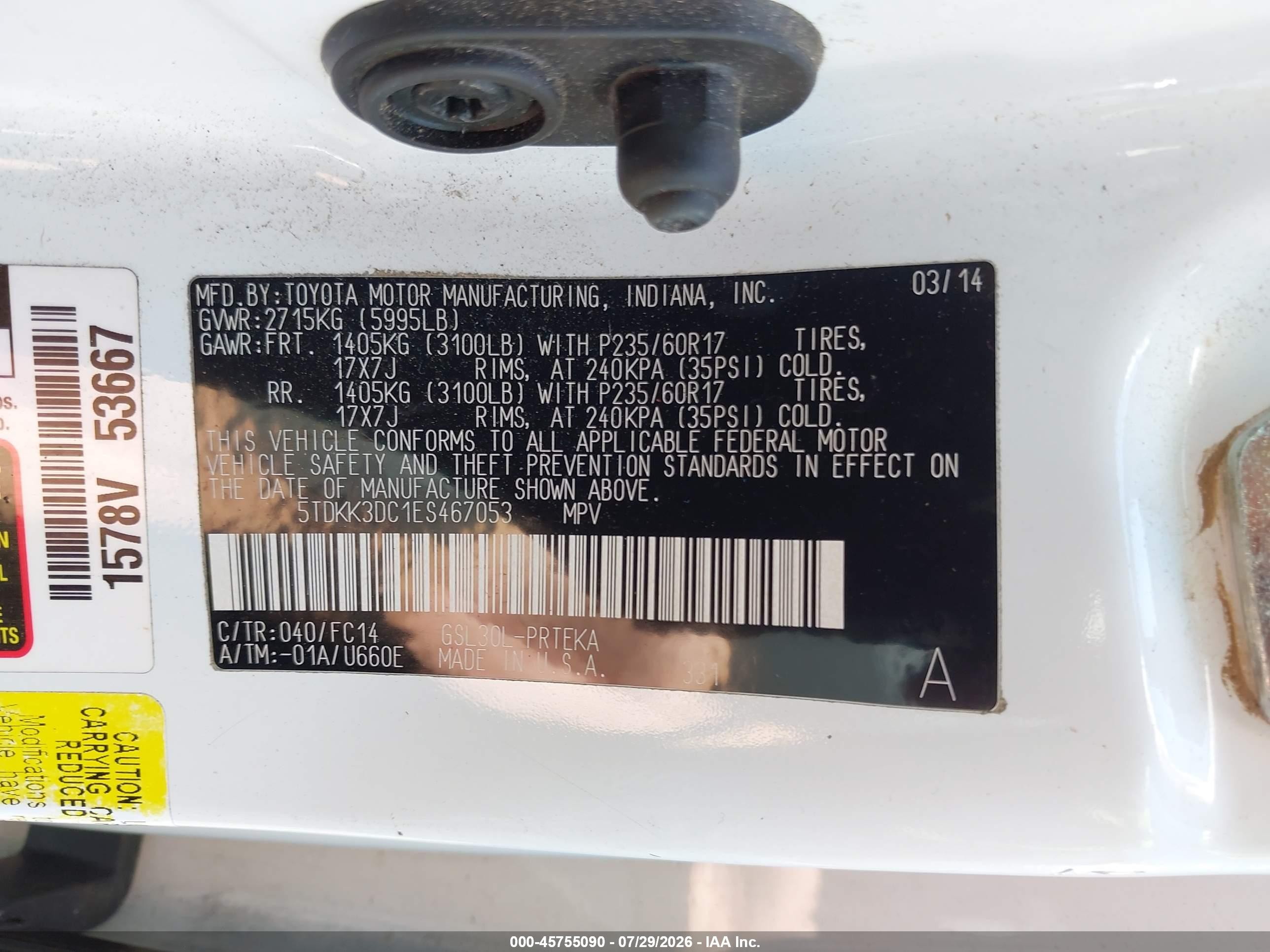2014 Toyota Sienna Le V6 8 Passenger White vin: 5TDKK3DC1ES467053