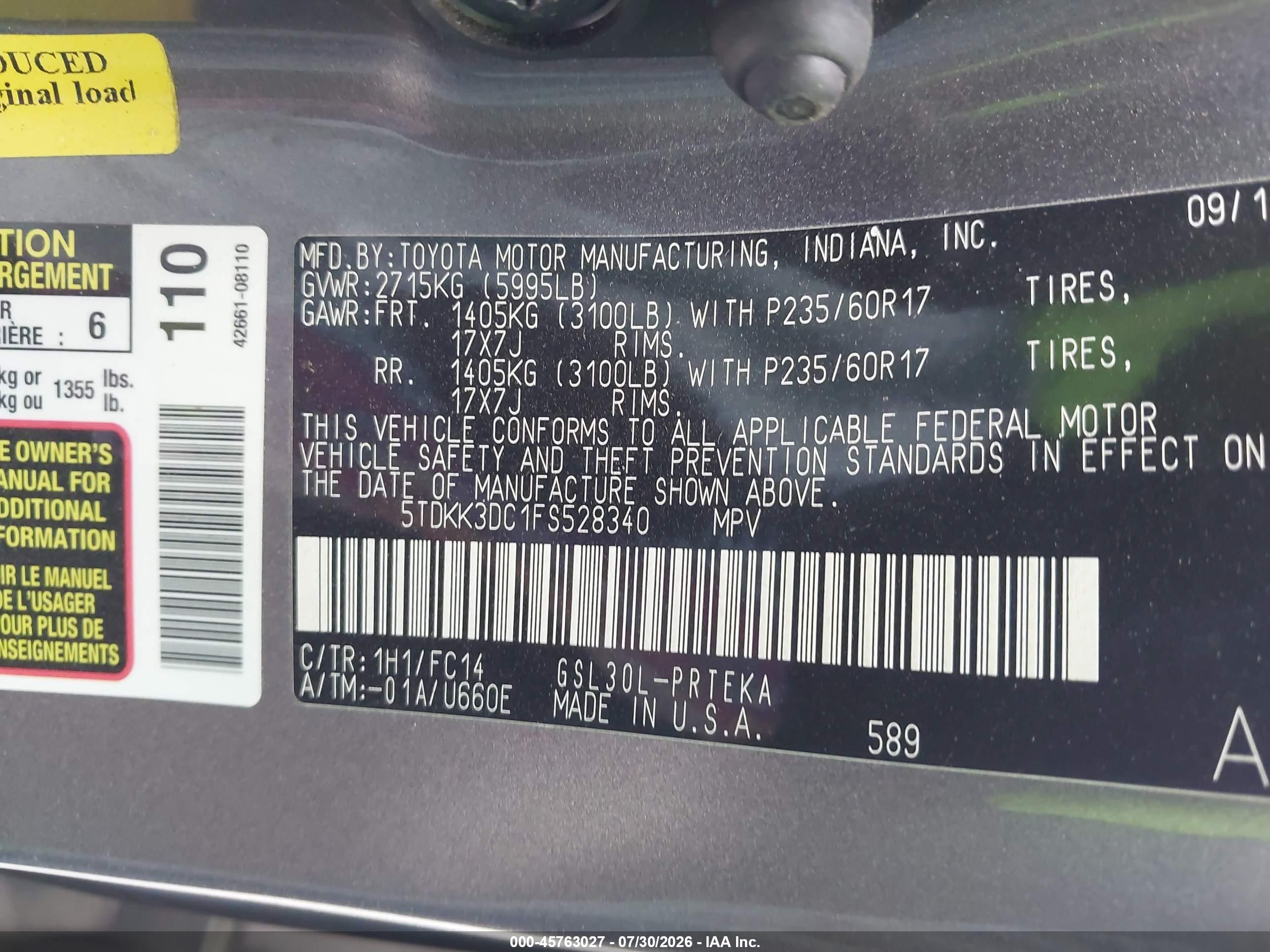 2015 Toyota Sienna Le 8 Passenger Gray vin: 5TDKK3DC1FS528340