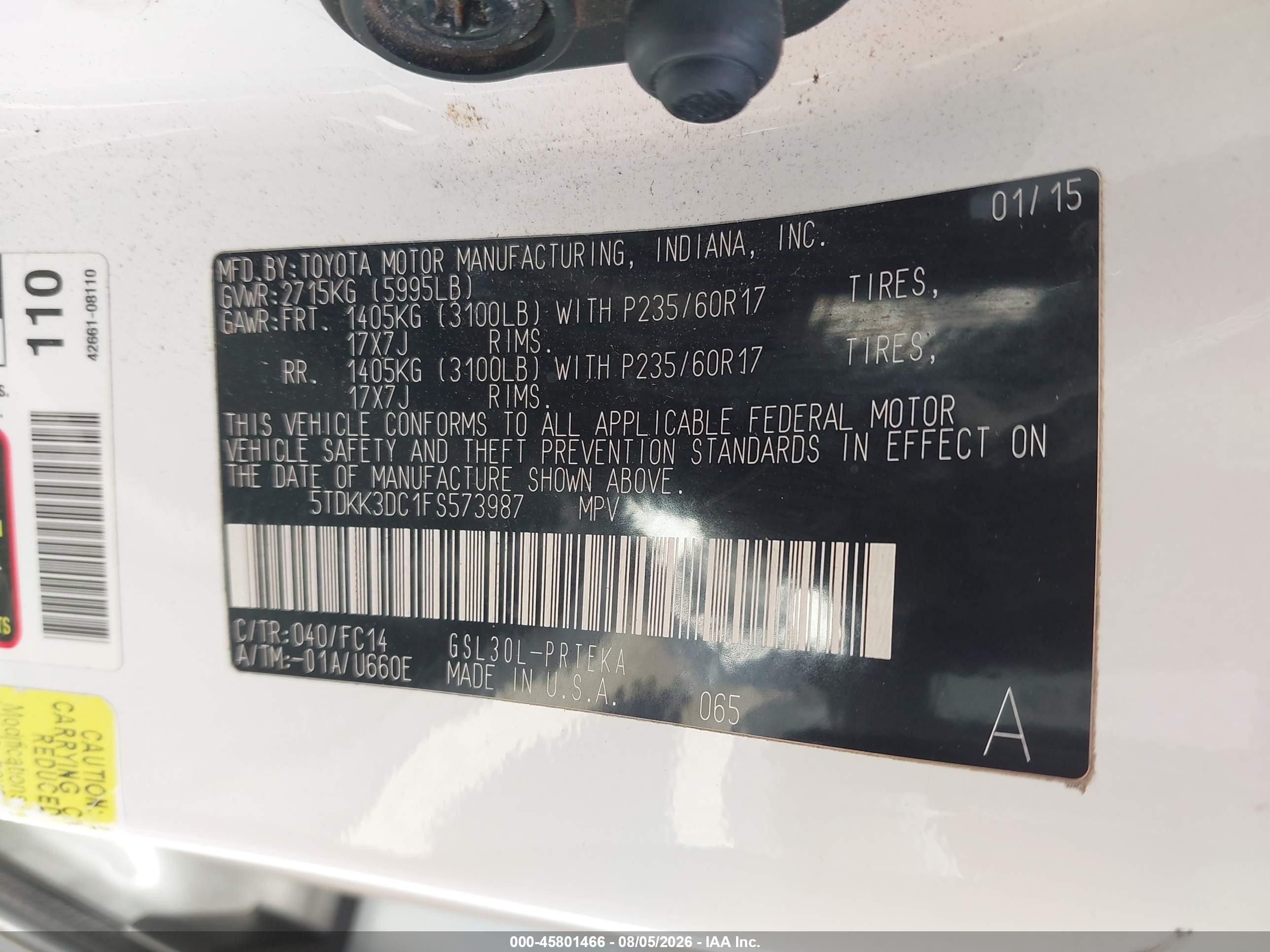 2015 Toyota Sienna Le 8 Passenger Белый vin: 5TDKK3DC1FS573987