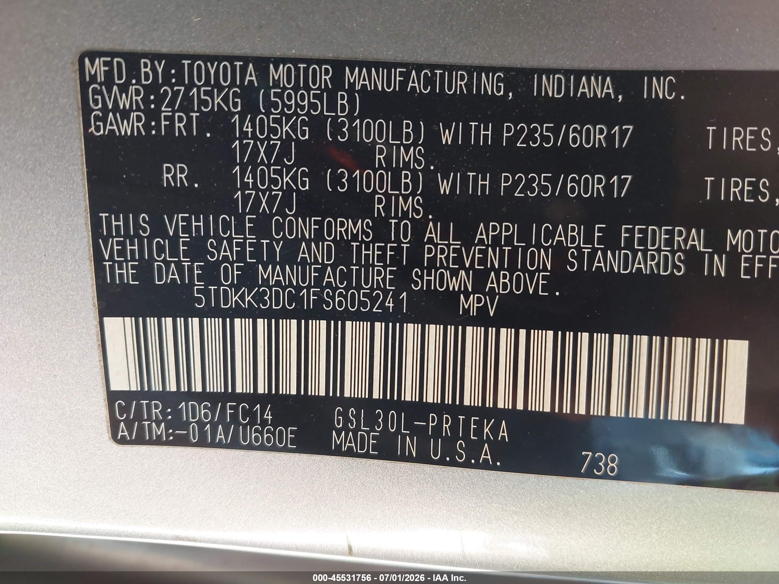 2015 Toyota Sienna Le 8 Passenger Серебряный vin: 5TDKK3DC1FS605241