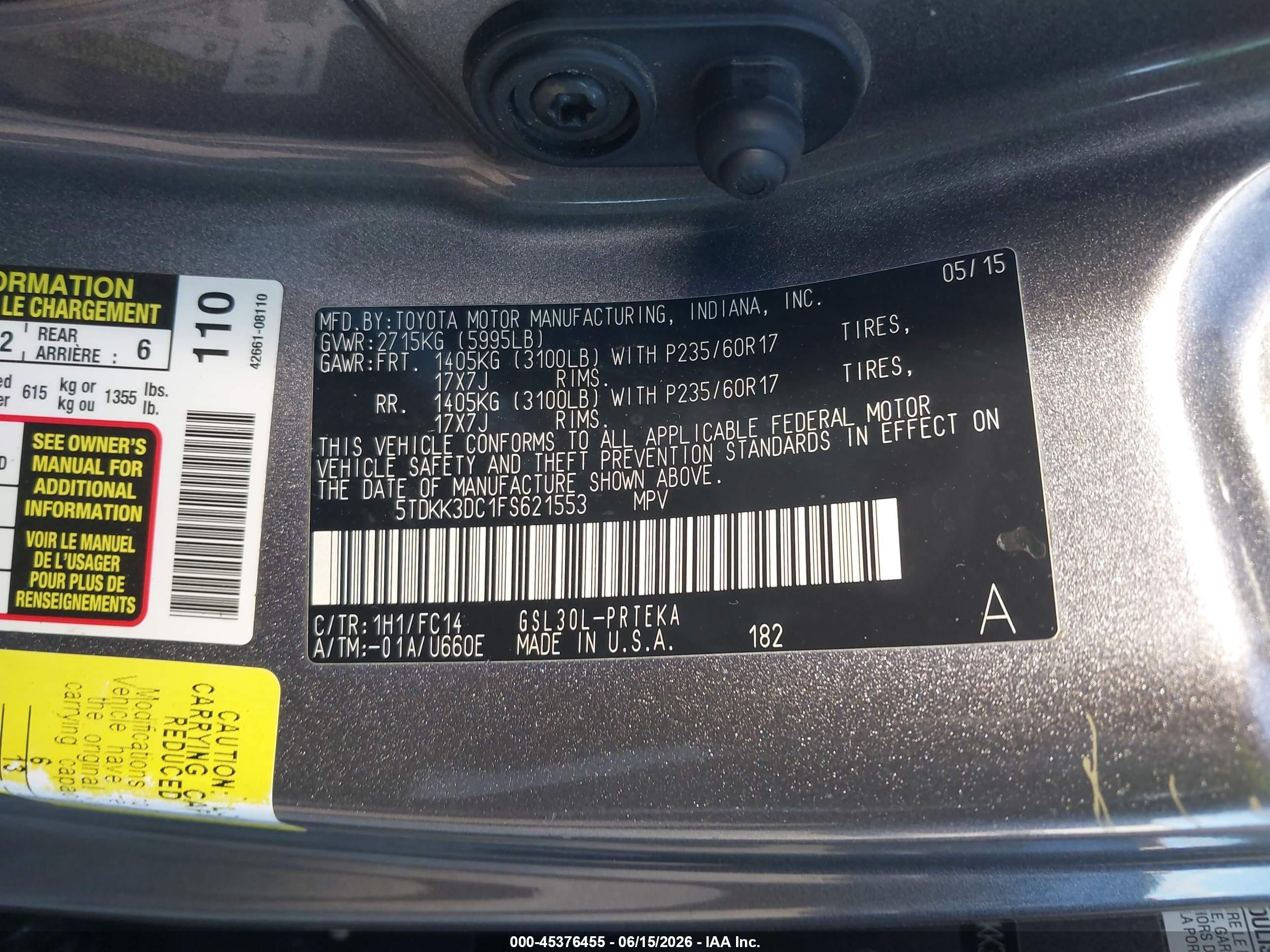 2015 Toyota Sienna Le 8 Passenger Серый vin: 5TDKK3DC1FS621553