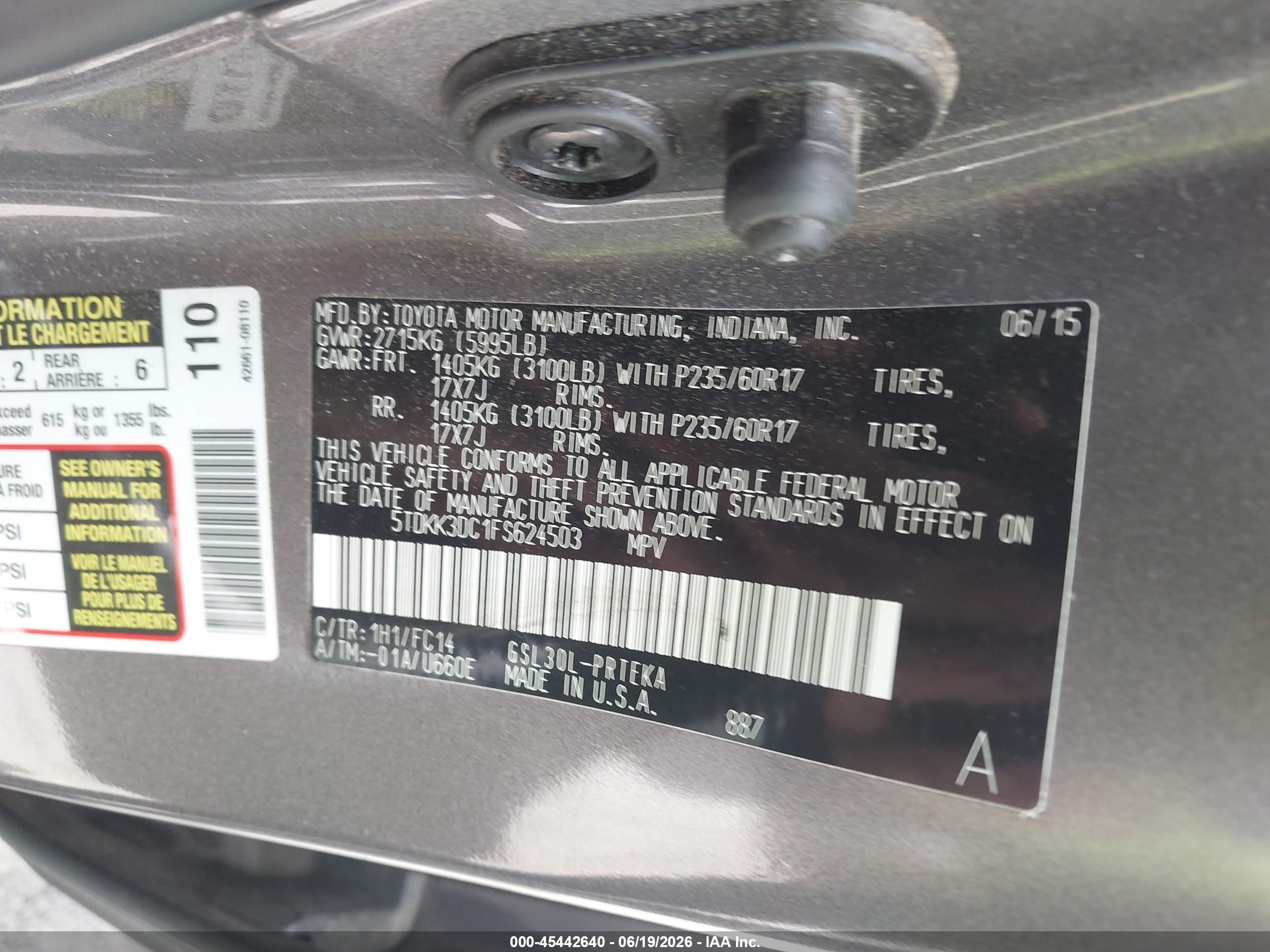 2015 Toyota Sienna Le 8 Passenger Серый vin: 5TDKK3DC1FS624503