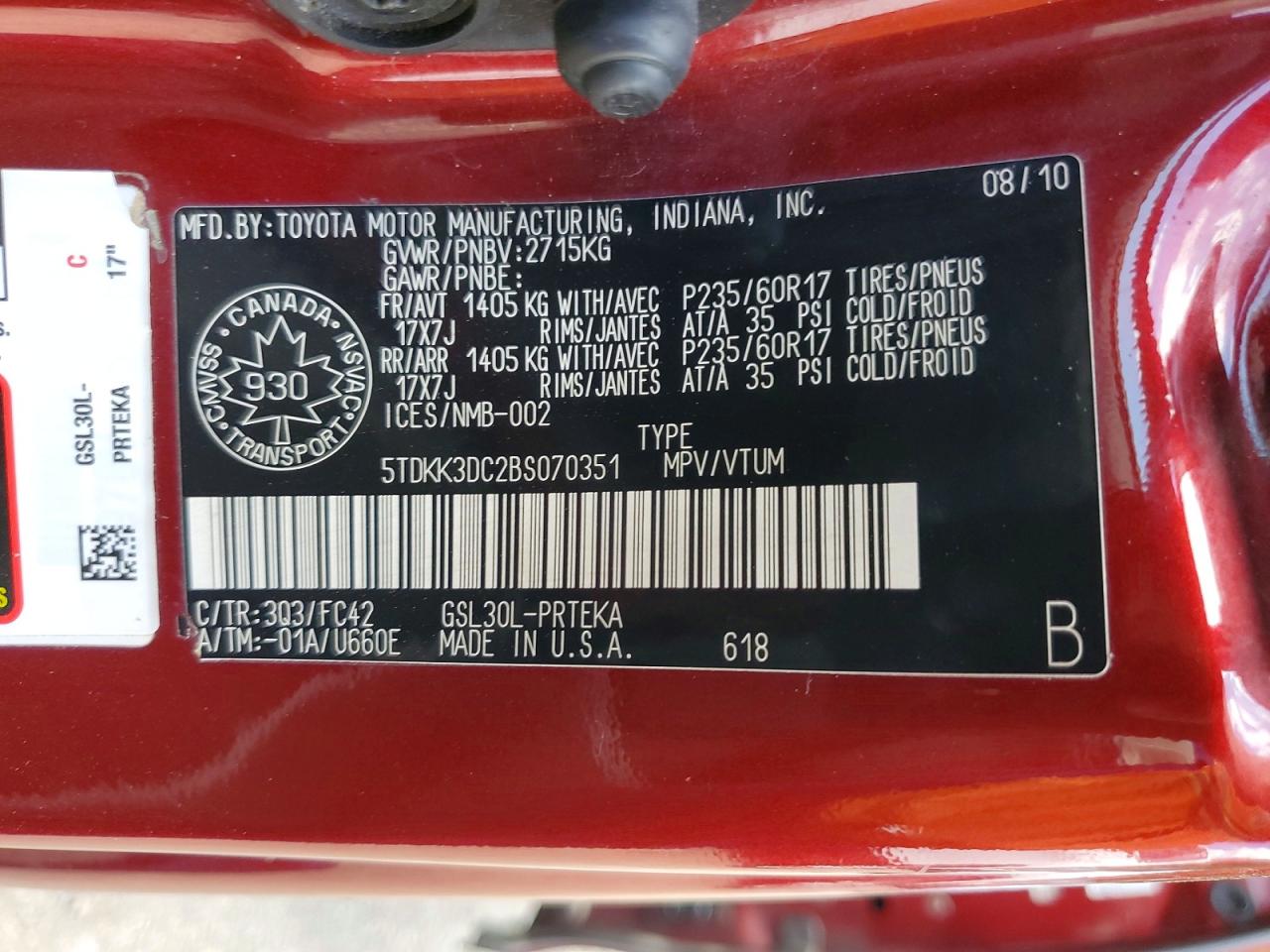 2011 Toyota Sienna Le Red vin: 5TDKK3DC2BS070351