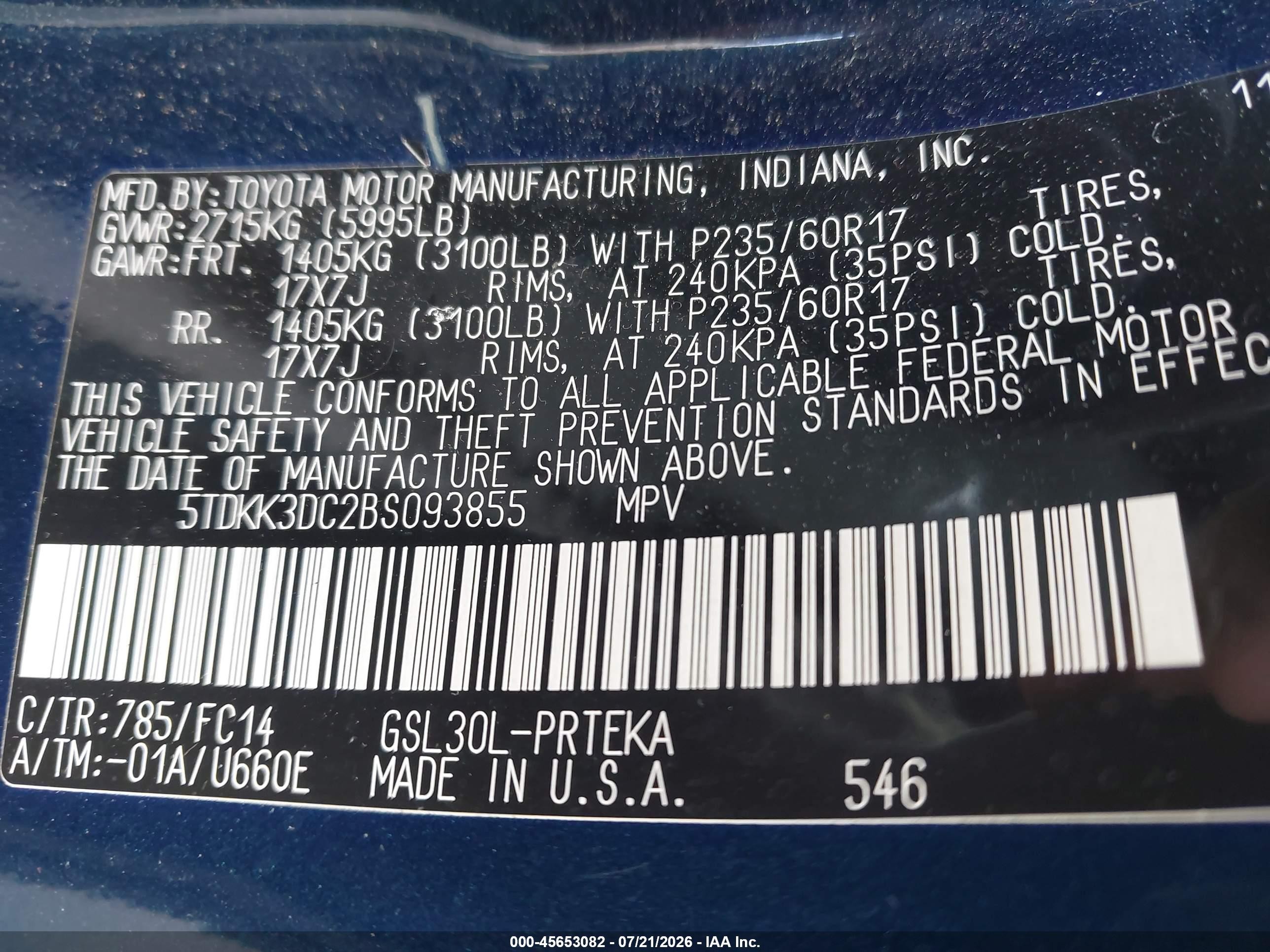 2011 Toyota Sienna Le V6 Dark Blue vin: 5TDKK3DC2BS093855