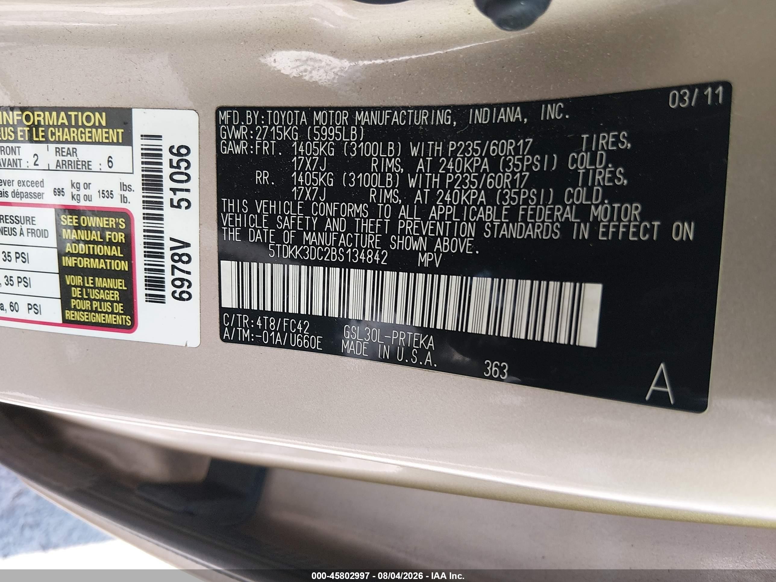 2011 Toyota Sienna Le V6 Gold vin: 5TDKK3DC2BS134842