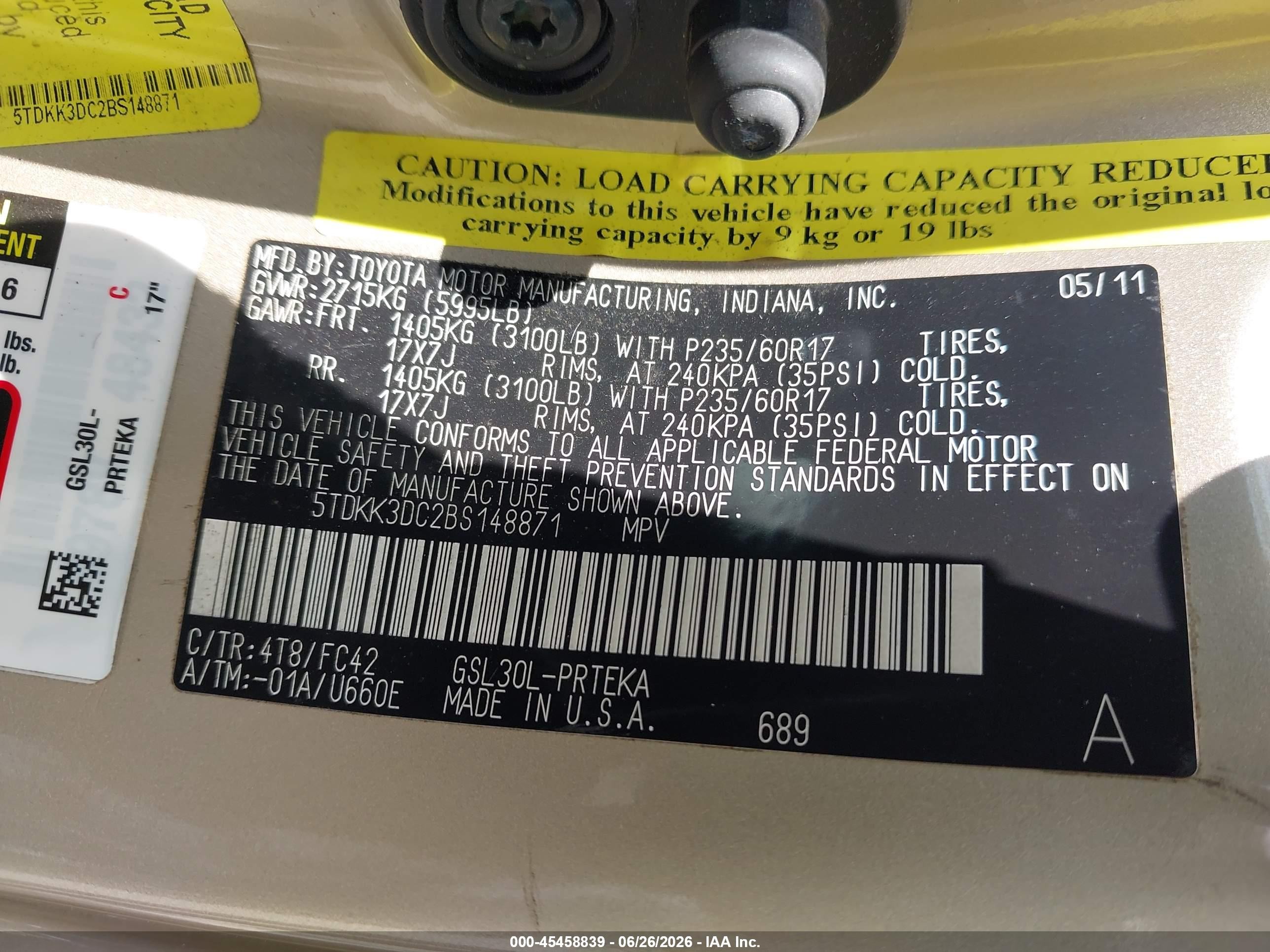 2011 Toyota Sienna Le V6 Gold vin: 5TDKK3DC2BS148871