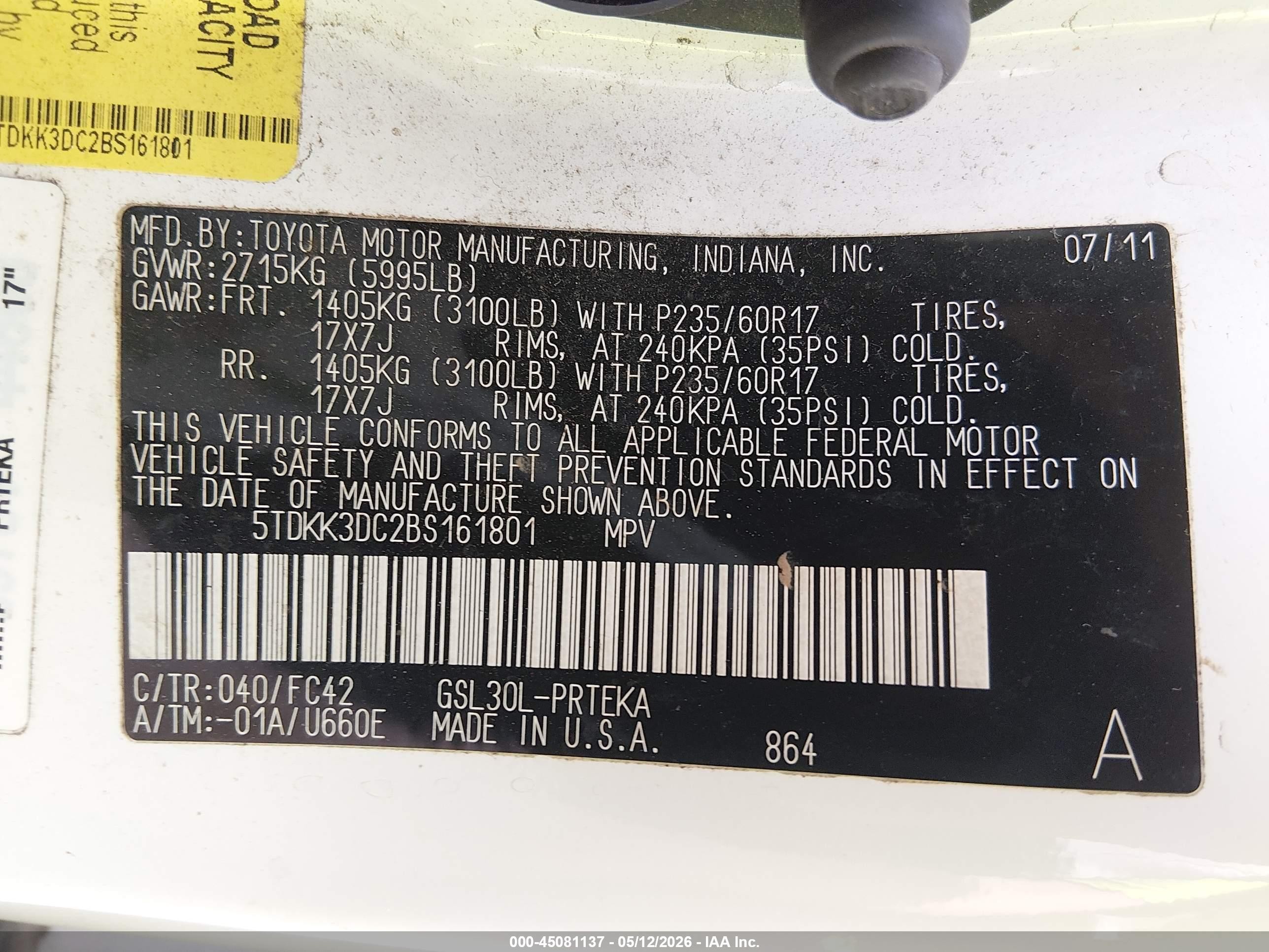 2011 Toyota Sienna Le V6 Белый vin: 5TDKK3DC2BS161801