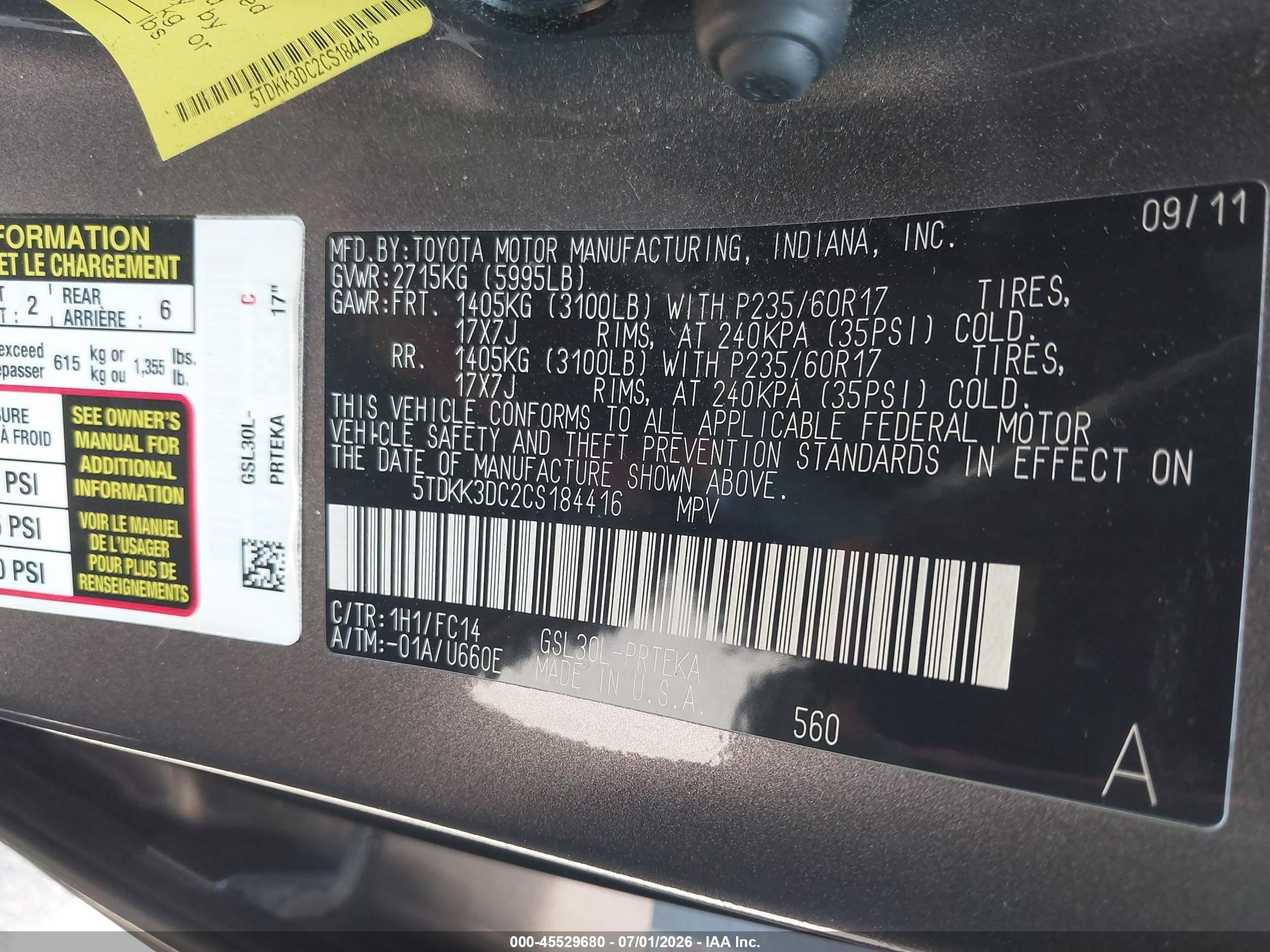 2012 Toyota Sienna Le V6 8 Passenger Серый vin: 5TDKK3DC2CS184416