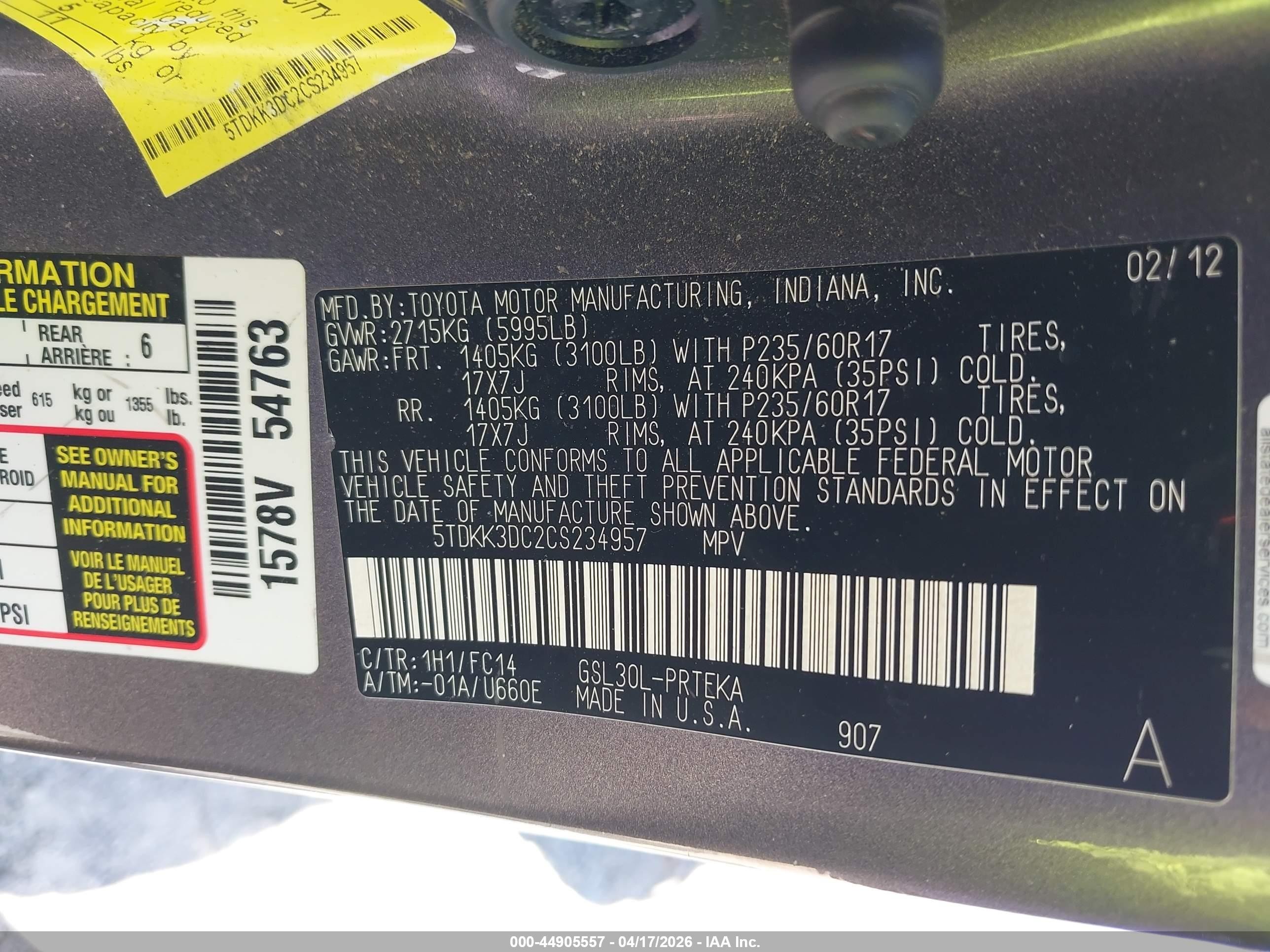2012 Toyota Sienna Le V6 8 Passenger Серый vin: 5TDKK3DC2CS234957