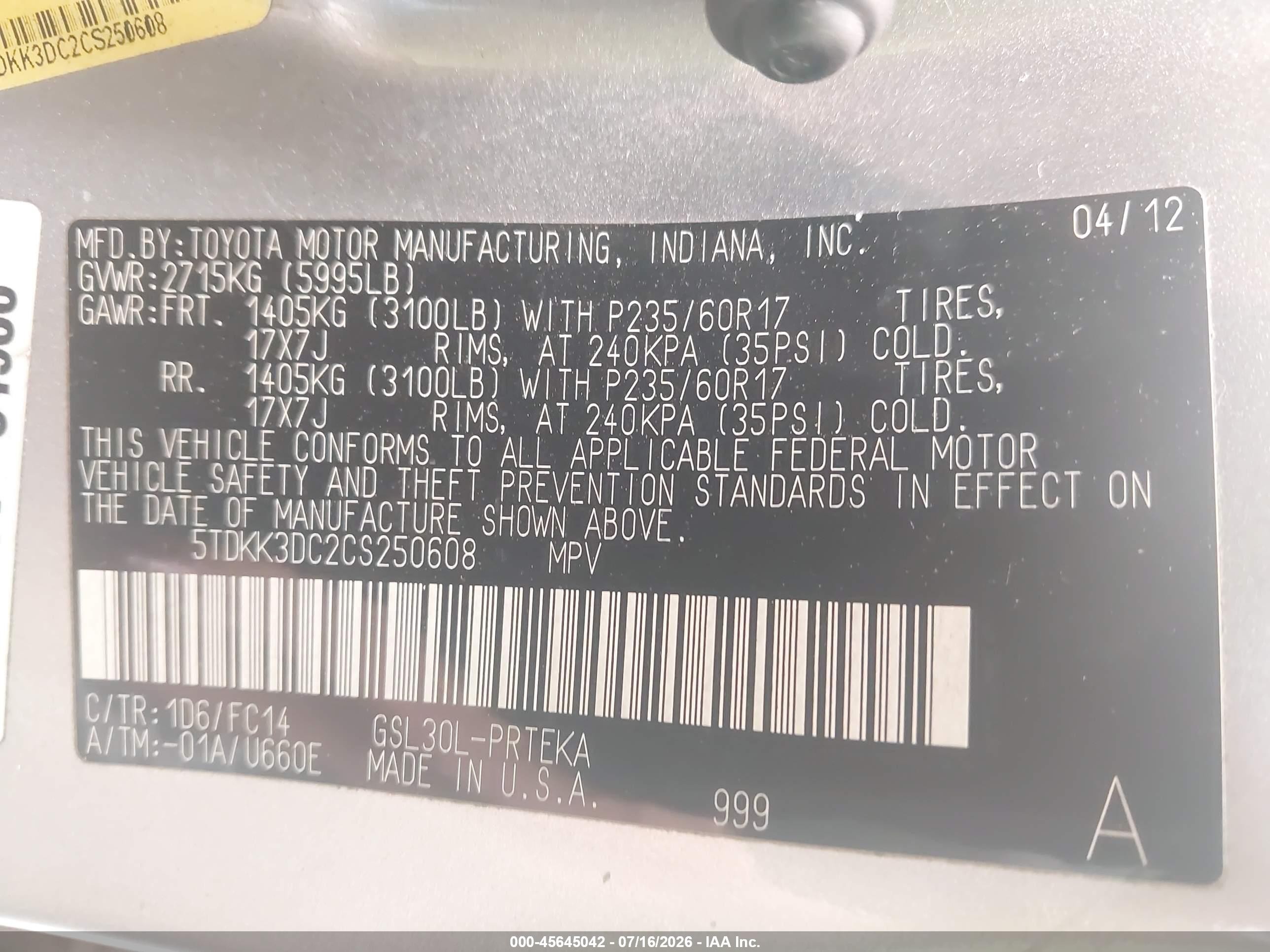 2012 Toyota Sienna Le V6 8 Passenger Silver vin: 5TDKK3DC2CS250608