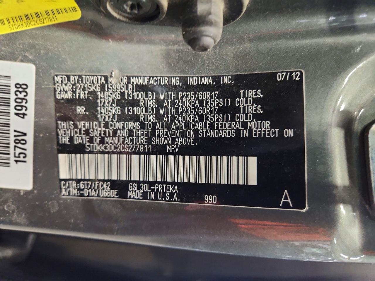 2012 Toyota Sienna Le Gray vin: 5TDKK3DC2CS277811