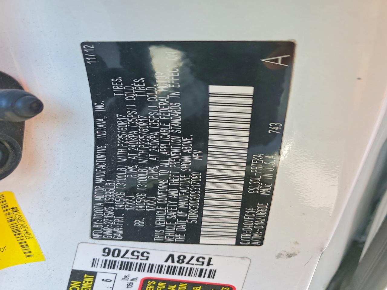 2013 Toyota *unknown* White vin: 5TDKK3DC2DS317080