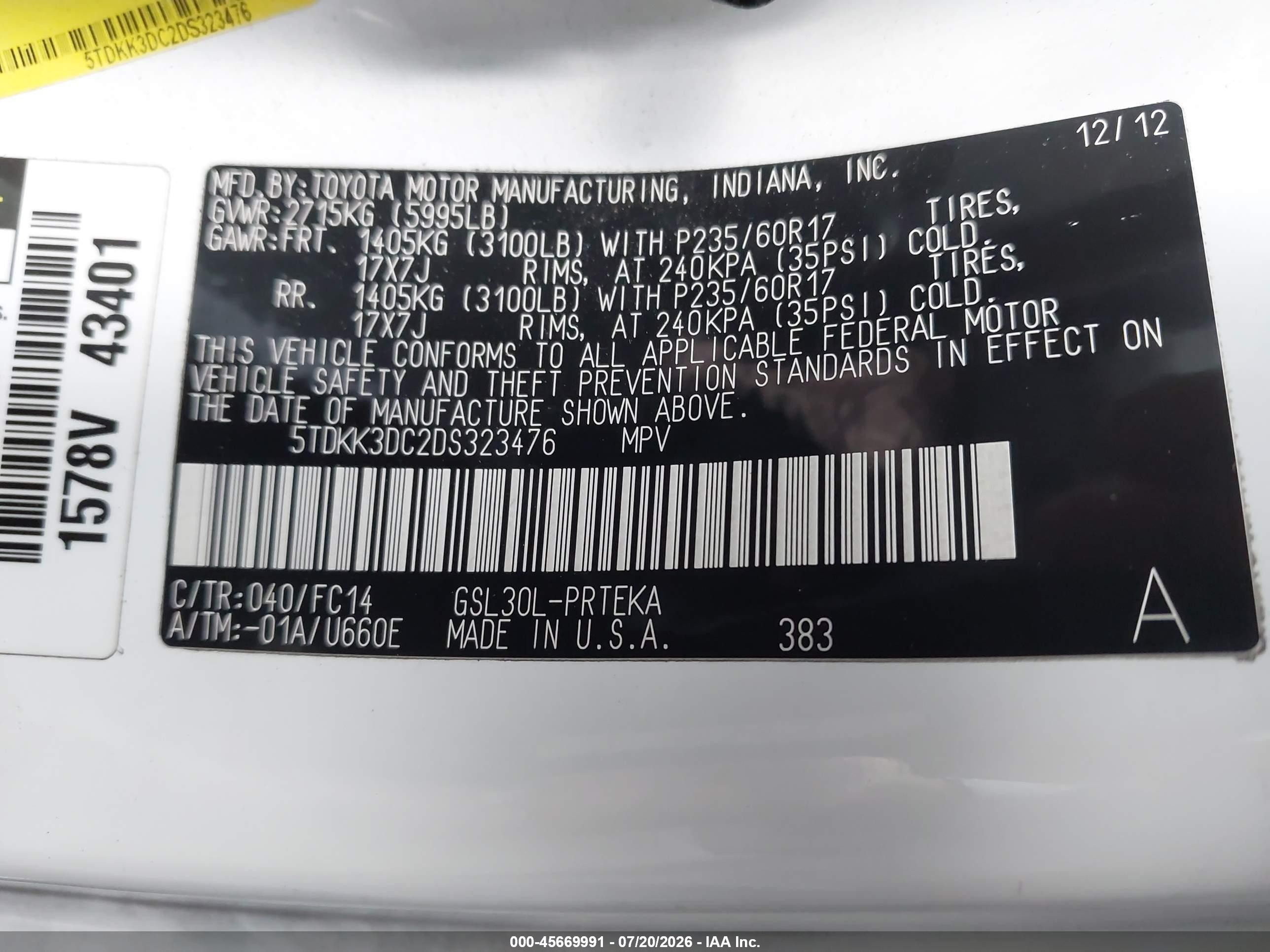 2013 Toyota Sienna Le V6 8 Passenger White vin: 5TDKK3DC2DS323476
