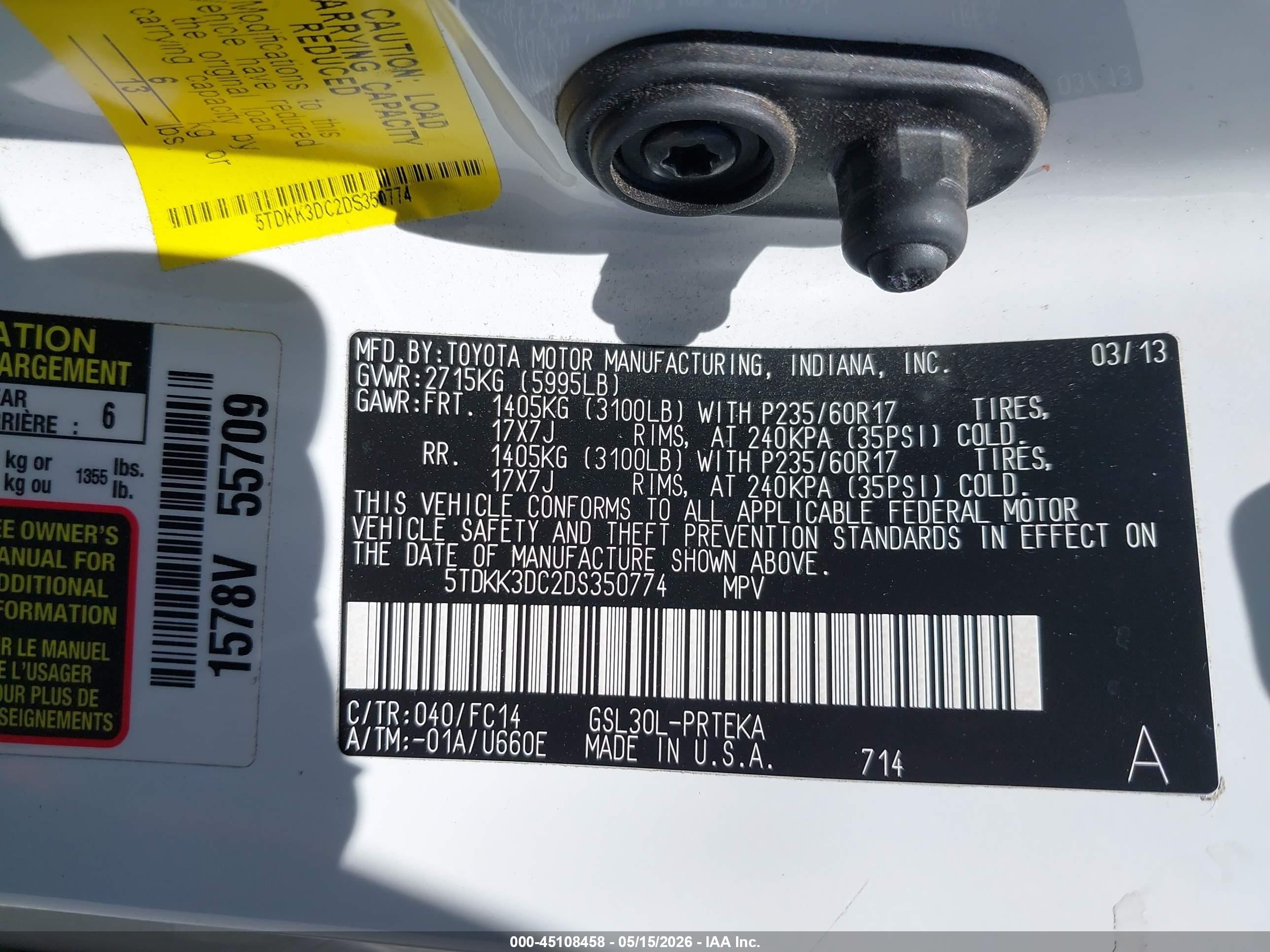 2013 Toyota Sienna Le V6 8 Passenger Белый vin: 5TDKK3DC2DS350774