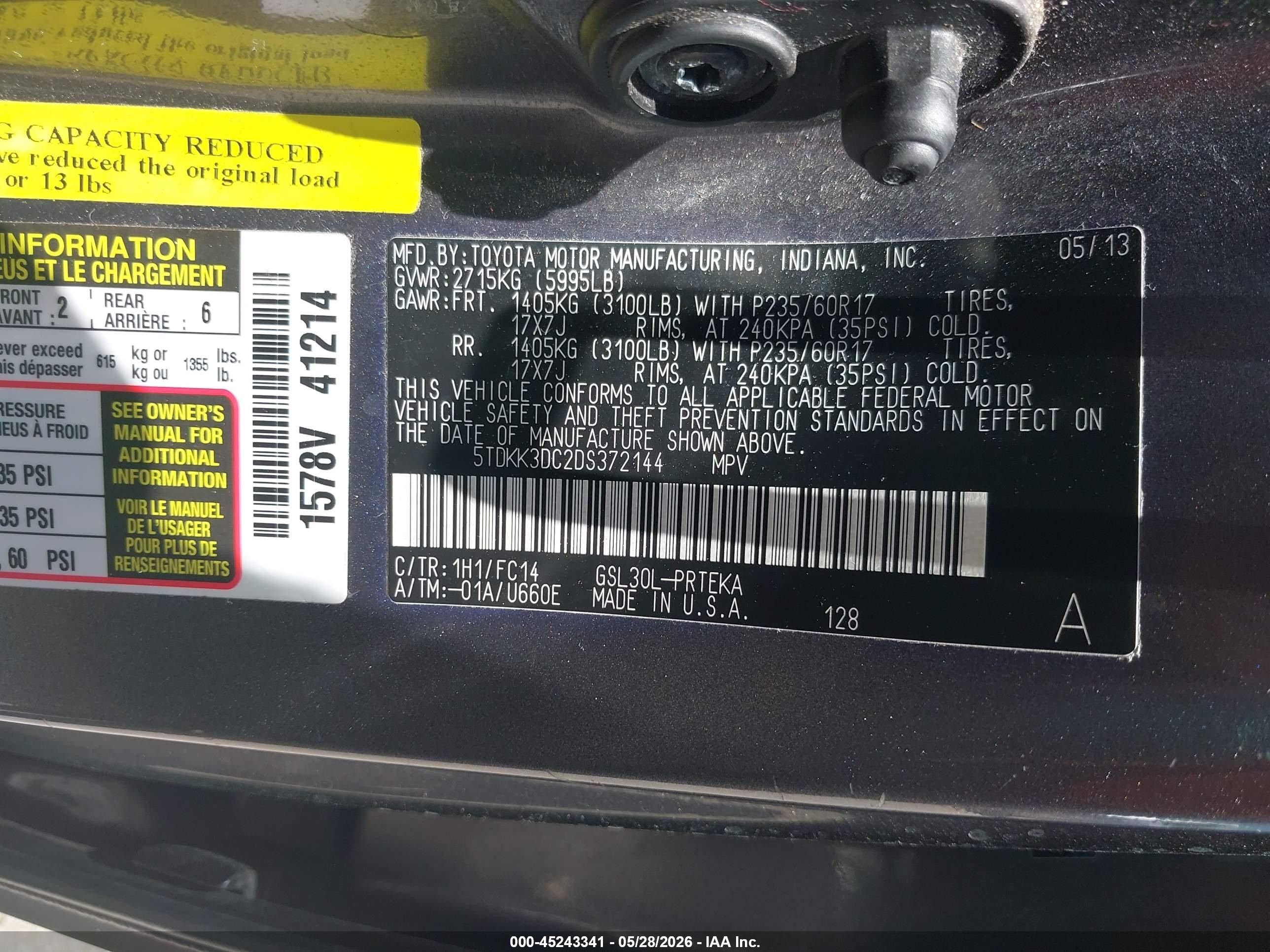 2013 Toyota Sienna Le V6 8 Passenger Серый vin: 5TDKK3DC2DS372144