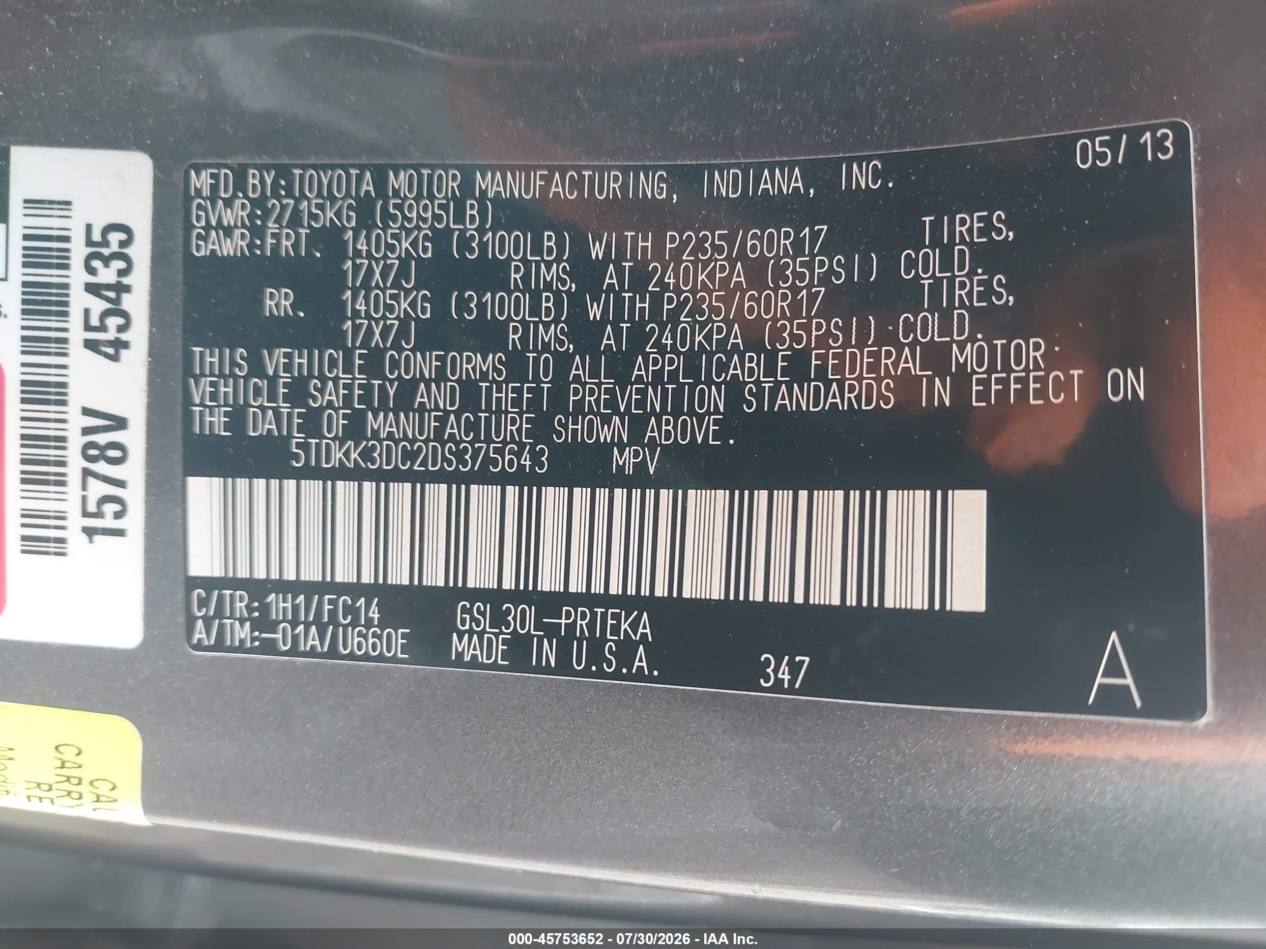 2013 Toyota Sienna Le V6 8 Passenger Gray vin: 5TDKK3DC2DS375643